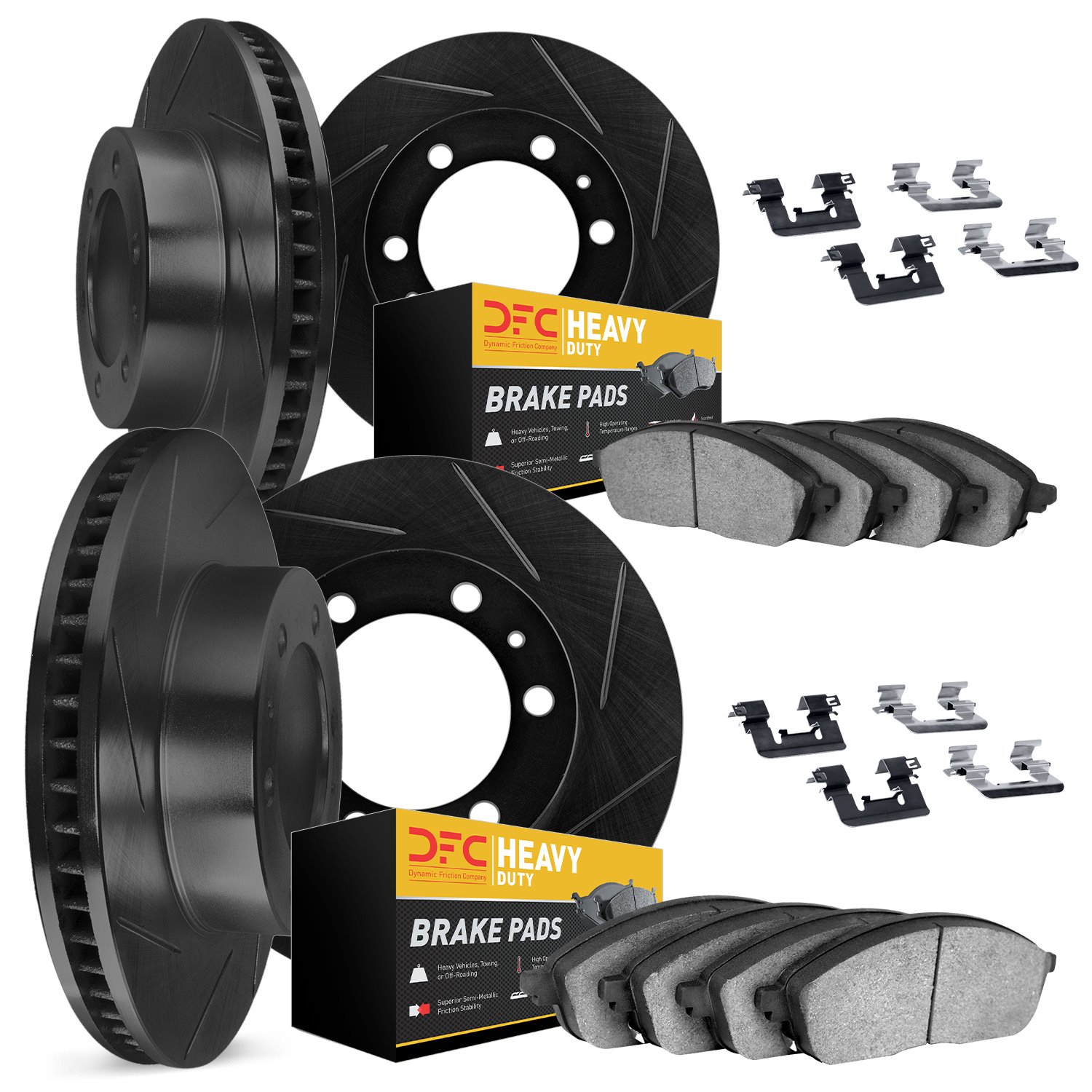 3214-44001 Slotted Brake Rotors w/Heavy-Duty Brake Pads Kit & Hardware [Black], 1996-2006 Mopar, Position: Front and Rear