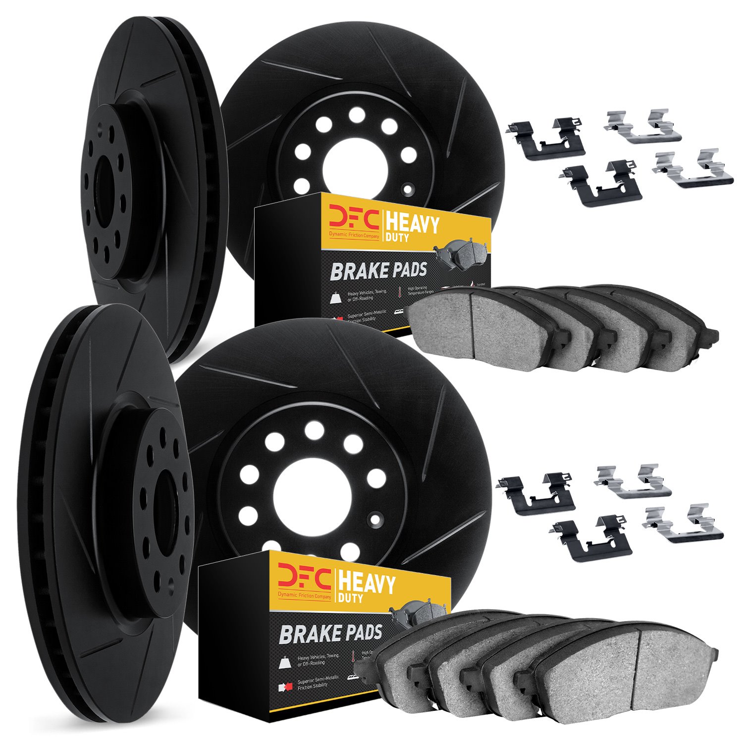3214-47102 Slotted Brake Rotors w/Heavy-Duty Brake Pads Kit & Hardware [Black], 1963-1982 GM, Position: Front and Rear