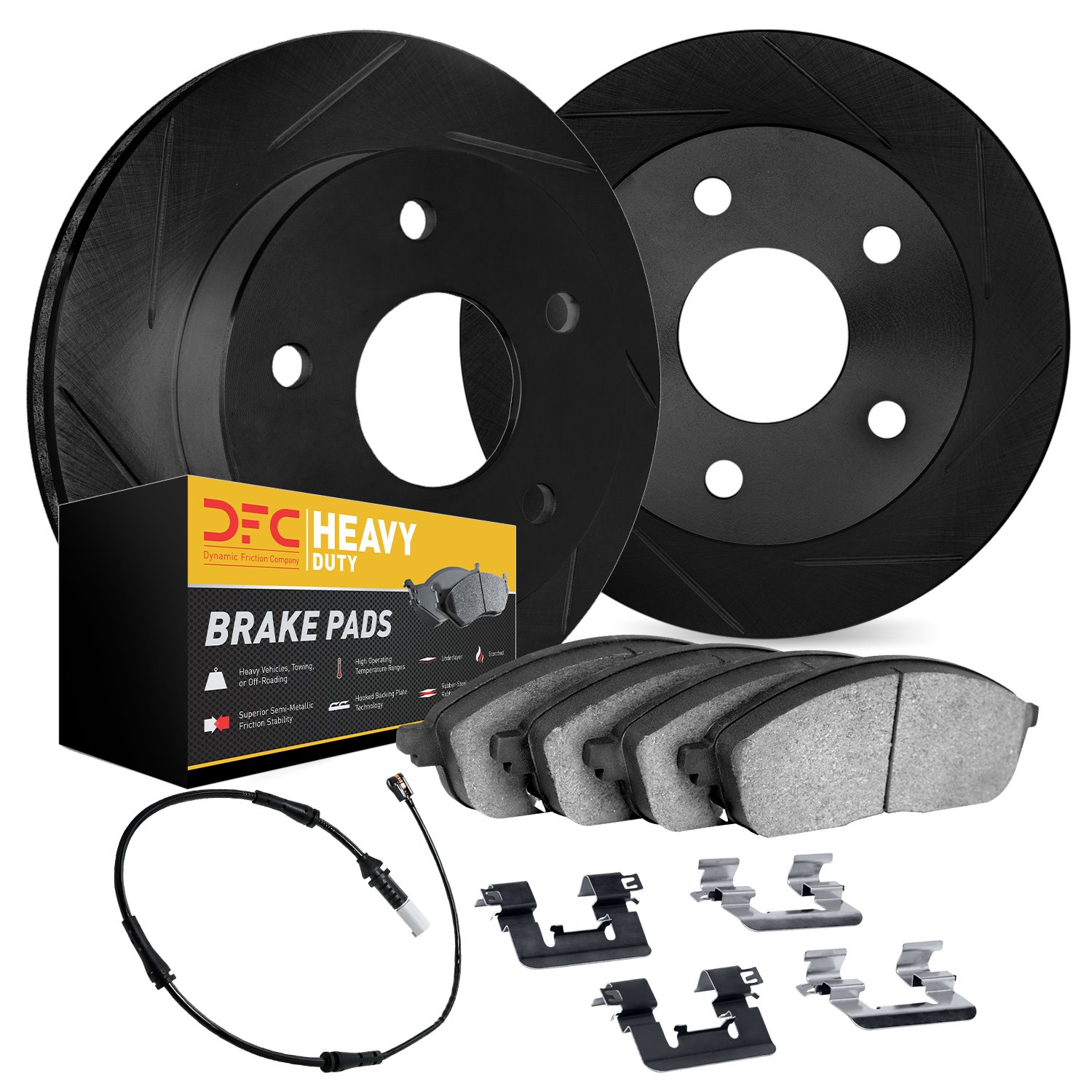 3222-63001 Slotted Brake Rotors w/Heavy-Duty Brake Pads/Sensor & Hardware Kit [Black], 2012-2018 Mercedes-Benz, Position: Front