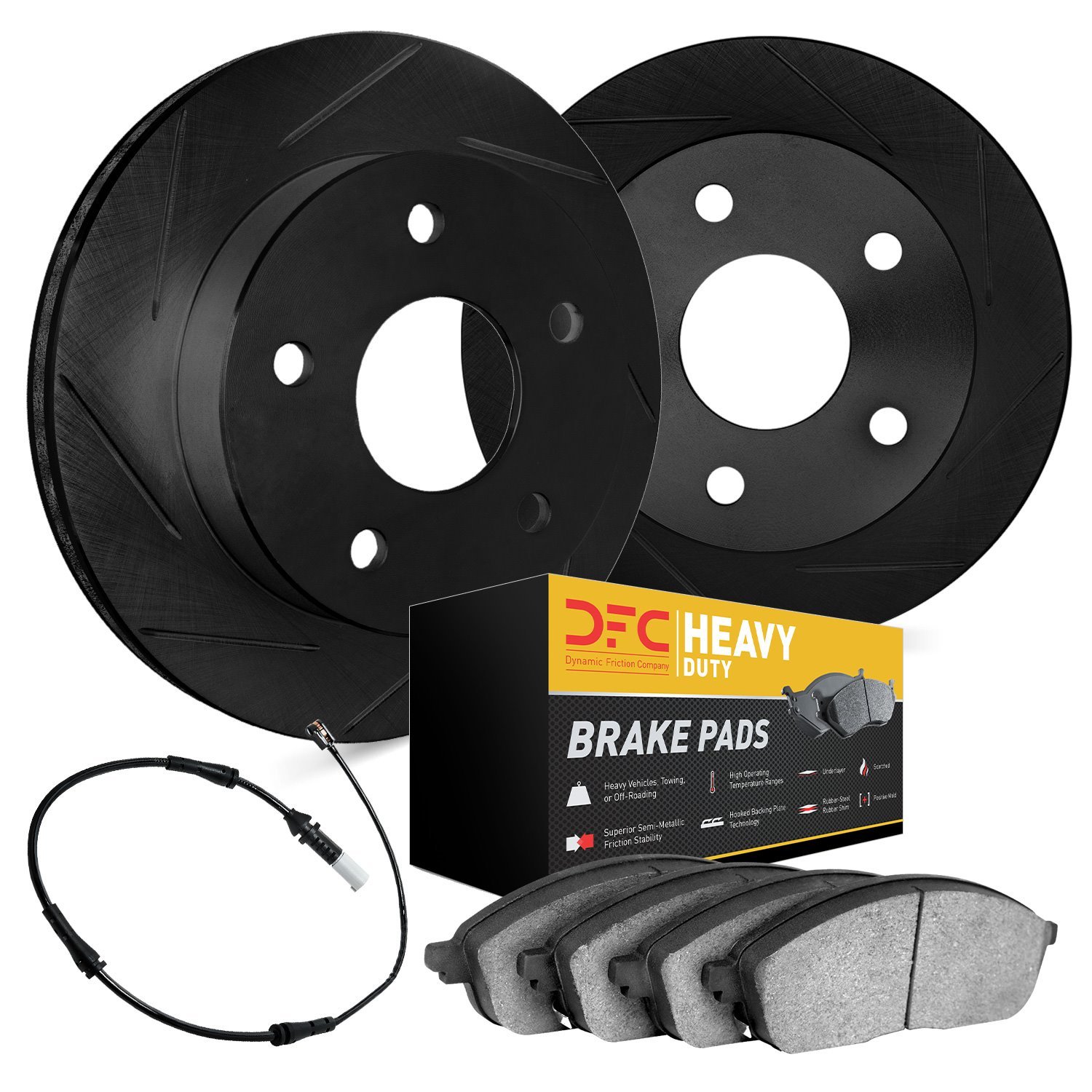 3232-40003 Slotted Brake Rotors w/Heavy-Duty Brake Pads Kit & Sensor [Black], 2002-2006 Multiple Makes/Models, Position: Front