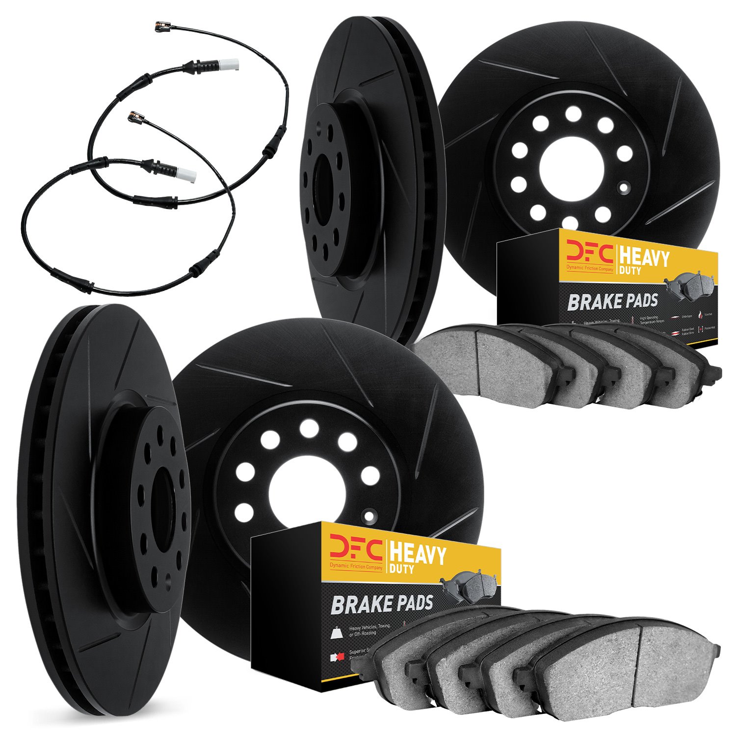 3234-40003 Slotted Brake Rotors w/Heavy-Duty Brake Pads Kit & Sensor [Black], 2002-2006 Multiple Makes/Models, Position: Front a