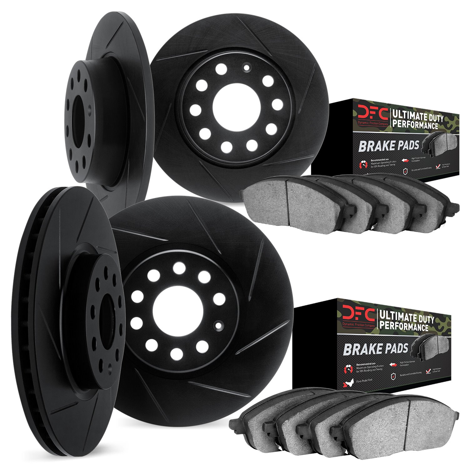 3404-42006 Slotted Brake Rotors with Ultimate-Duty Brake Pads Kit [Black], Fits Select Mopar, Position: Front and Rear