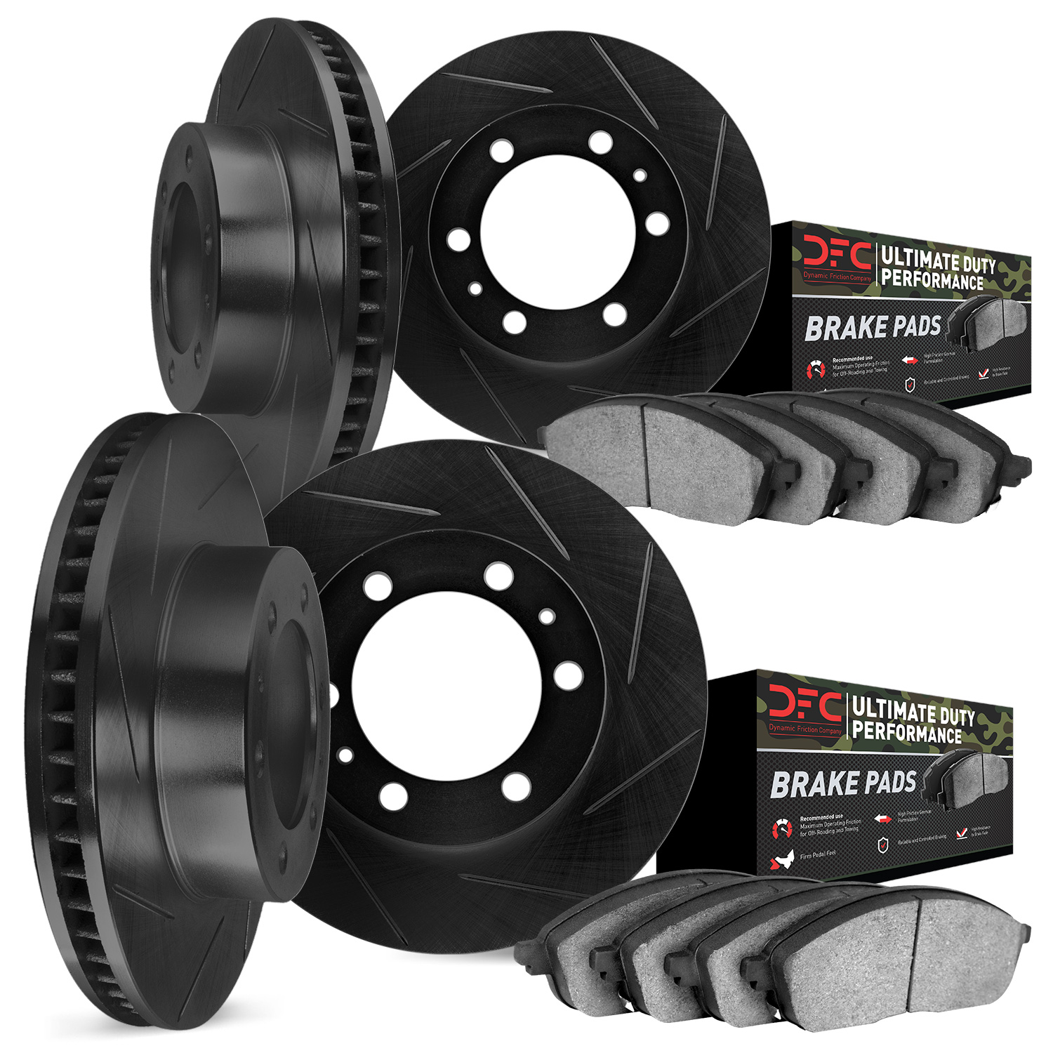 3404-48022 Slotted Brake Rotors with Ultimate-Duty Brake Pads Kit [Black], 2015-2020 GM, Position: Front and Rear