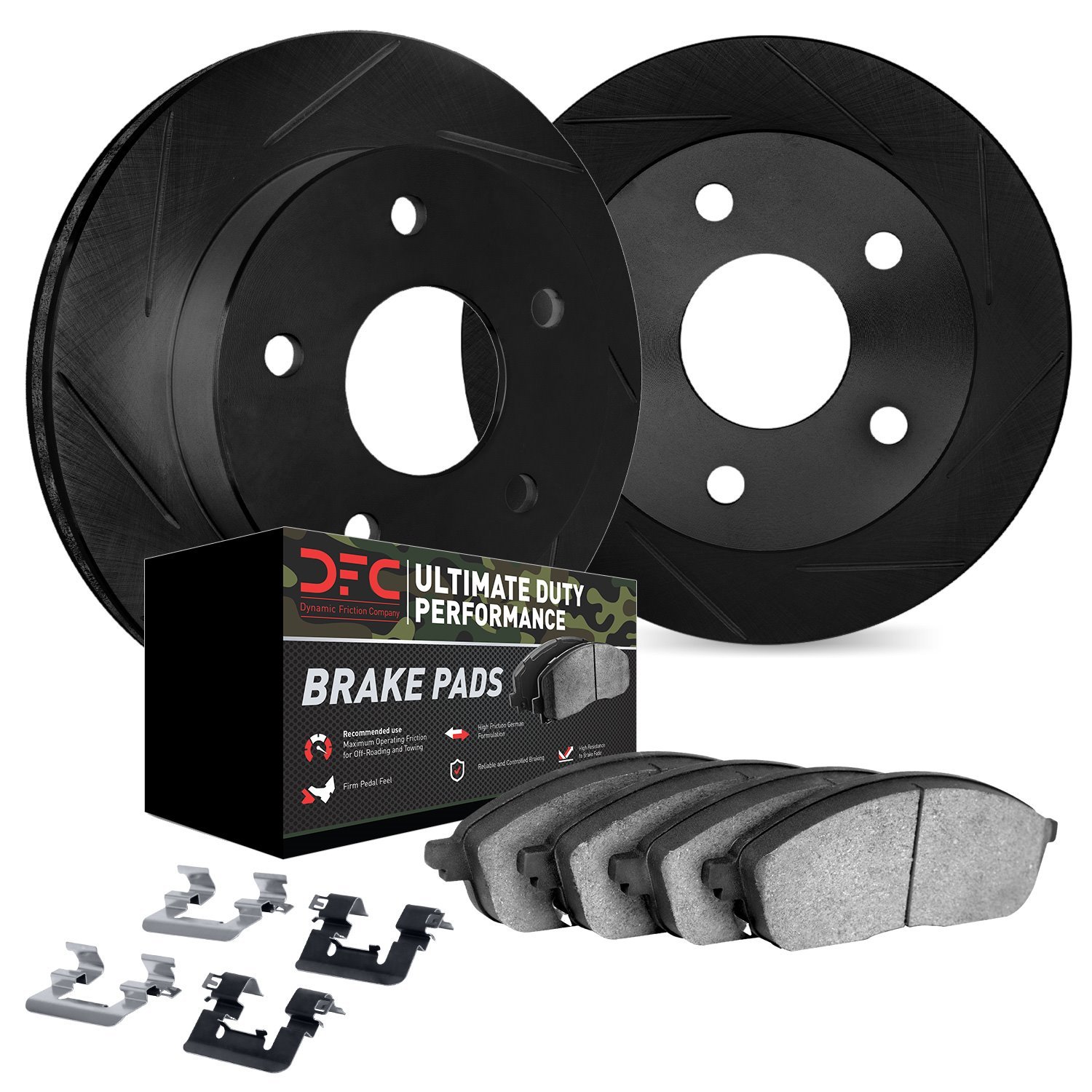 3412-40011 Slotted Brake Rotors with Ultimate-Duty Brake Pads Kit & Hardware [Black], 2002-2018 Mopar, Position: Rear