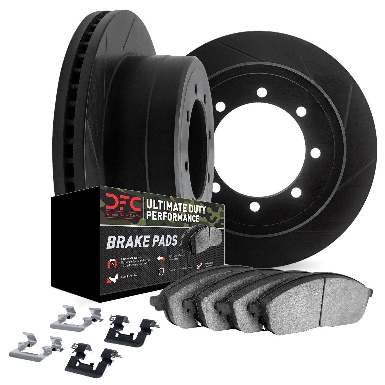 3412-40021 Slotted Brake Rotors with Ultimate-Duty Brake Pads Kit & Hardware [Black], 2009-2018 Mopar, Position: Front