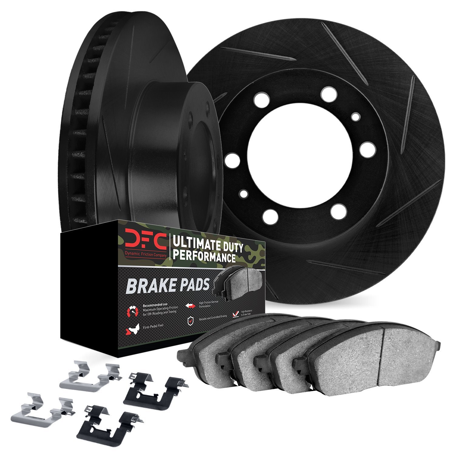 3412-40025 Slotted Brake Rotors with Ultimate-Duty Brake Pads Kit & Hardware [Black], Fits Select Mopar, Position: Front