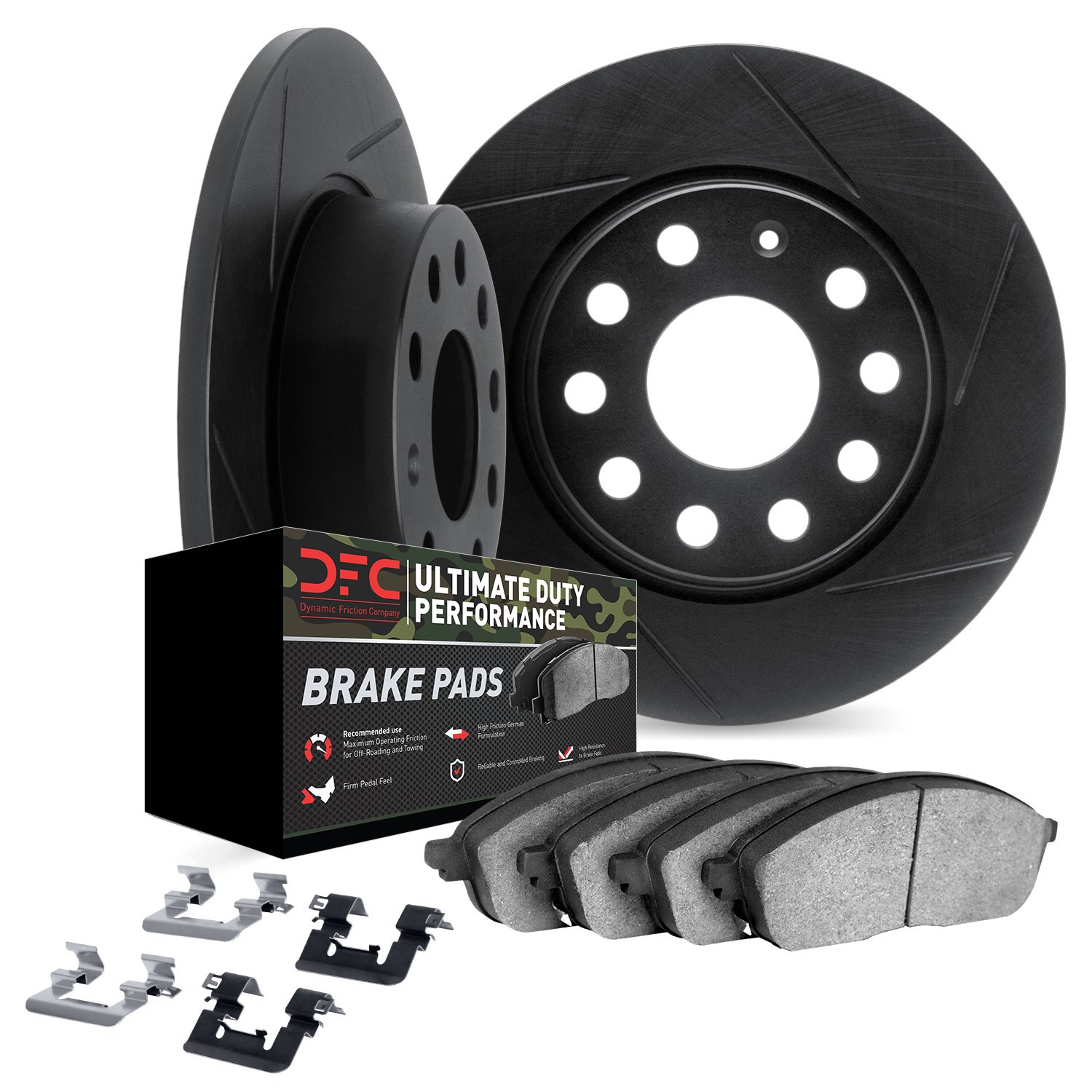 3412-42002 Slotted Brake Rotors with Ultimate-Duty Brake Pads Kit & Hardware [Black], 2005-2010 Mopar, Position: Rear