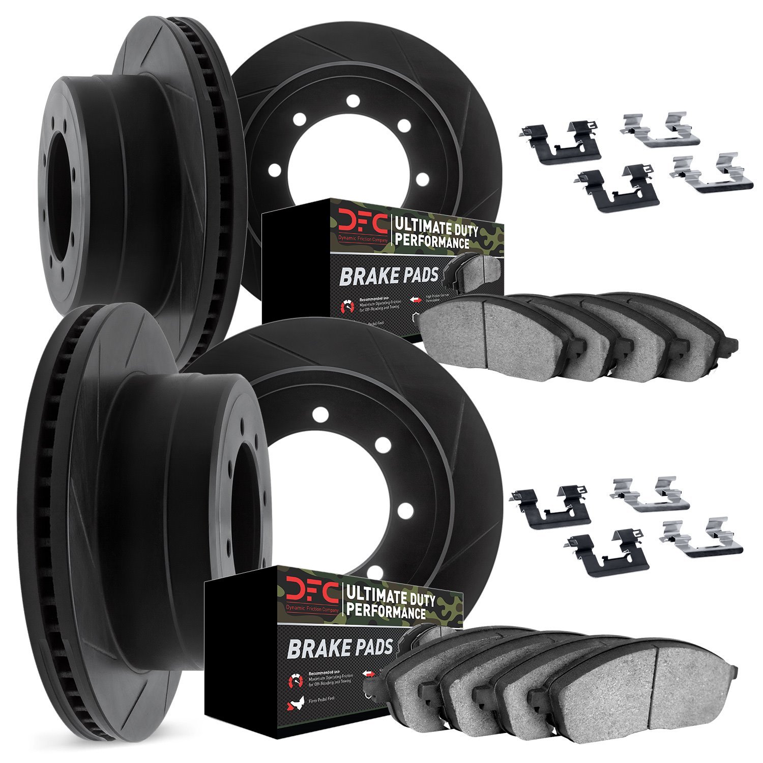 3414-40001 Slotted Brake Rotors with Ultimate-Duty Brake Pads Kit & Hardware [Black], 2000-2002 Mopar, Position: Front and Rear
