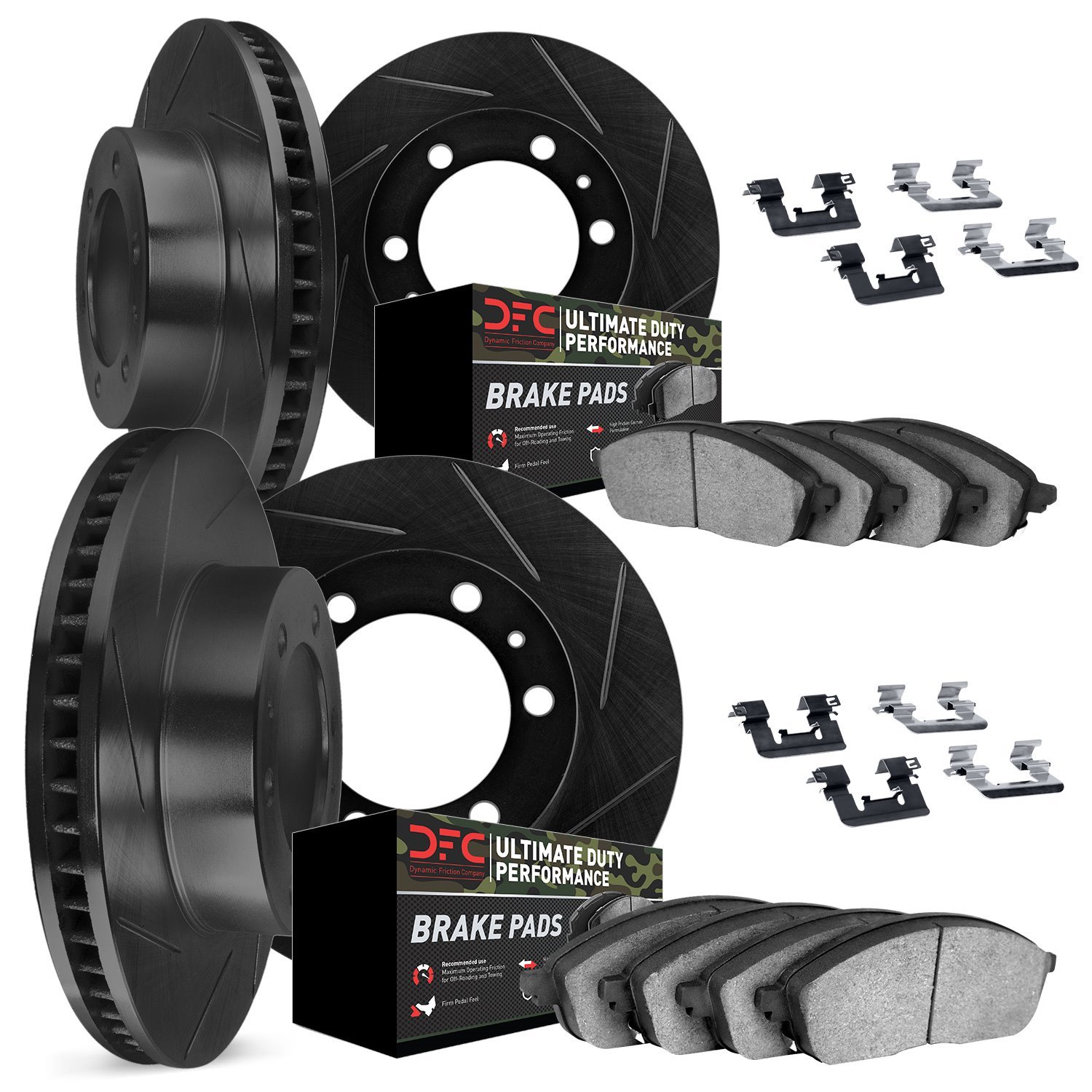 3414-40005 Slotted Brake Rotors with Ultimate-Duty Brake Pads Kit & Hardware [Black], 2003-2003 Mopar, Position: Front and Rear
