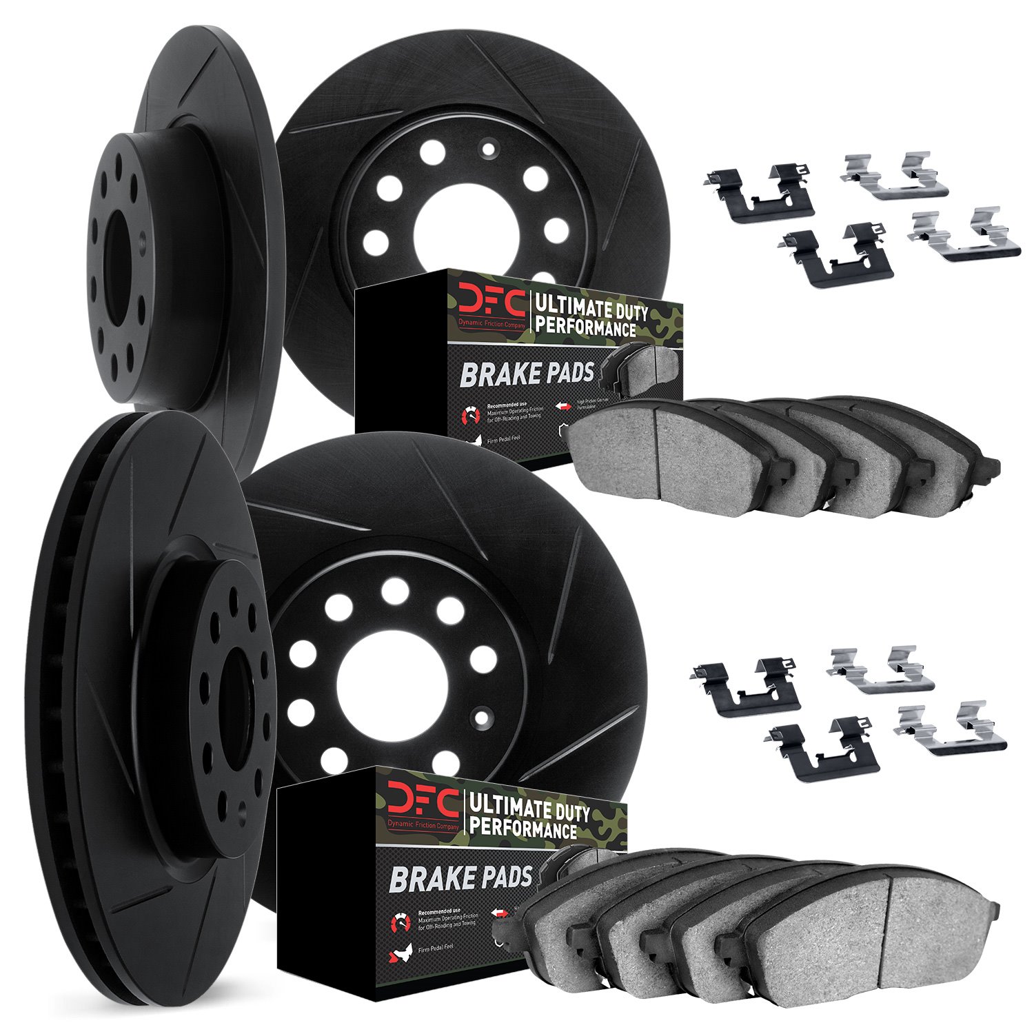 3414-42001 Slotted Brake Rotors with Ultimate-Duty Brake Pads Kit & Hardware [Black], 2005-2010 Mopar, Position: Front and Rear