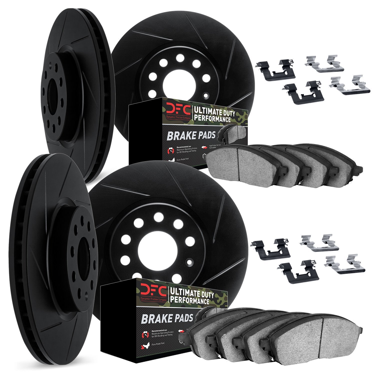 3414-42004 Slotted Brake Rotors with Ultimate-Duty Brake Pads Kit & Hardware [Black], Fits Select Mopar, Position: Front and Rea