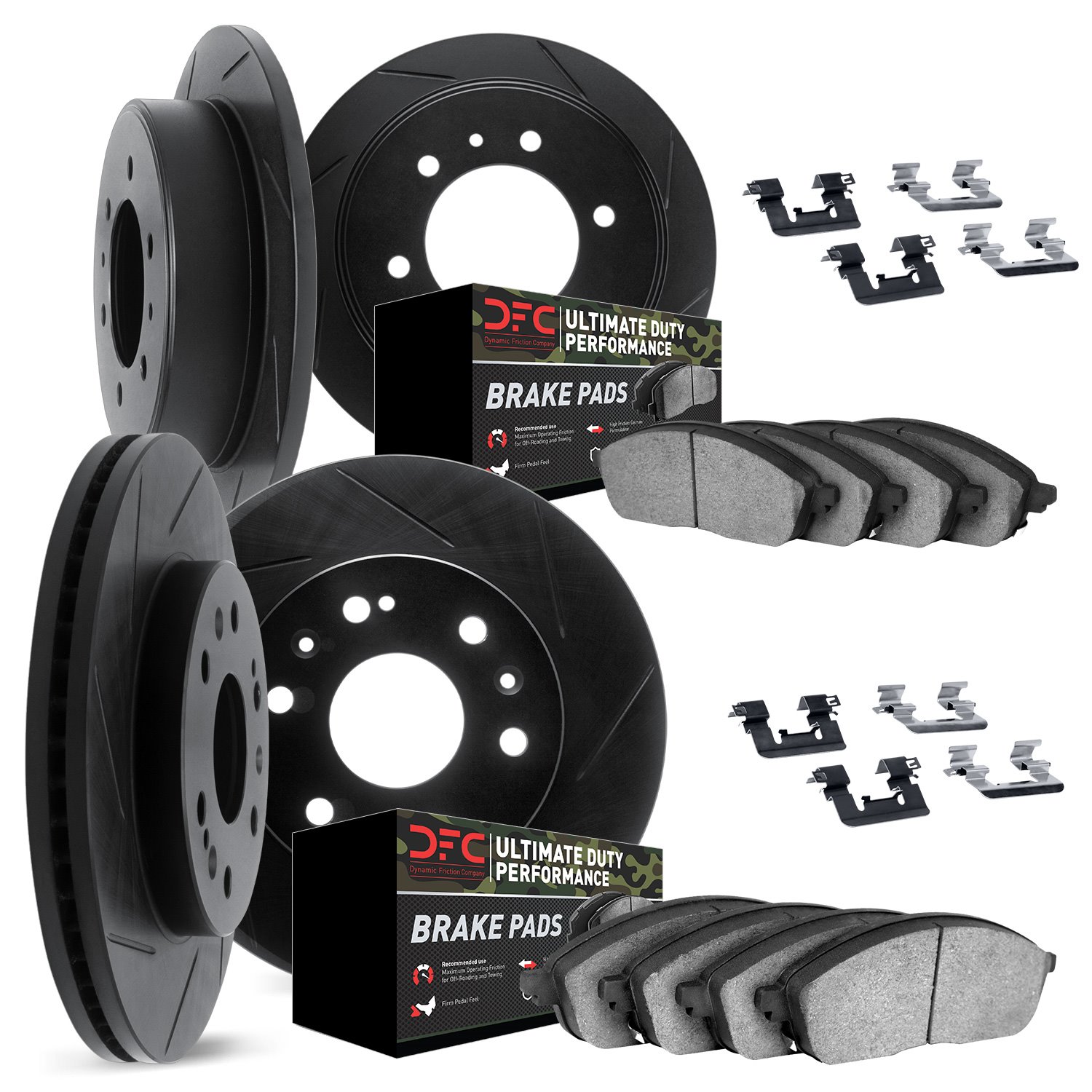 3414-67001 Slotted Brake Rotors with Ultimate-Duty Brake Pads Kit & Hardware [Black], 2004-2005 Infiniti/Nissan, Position: Front