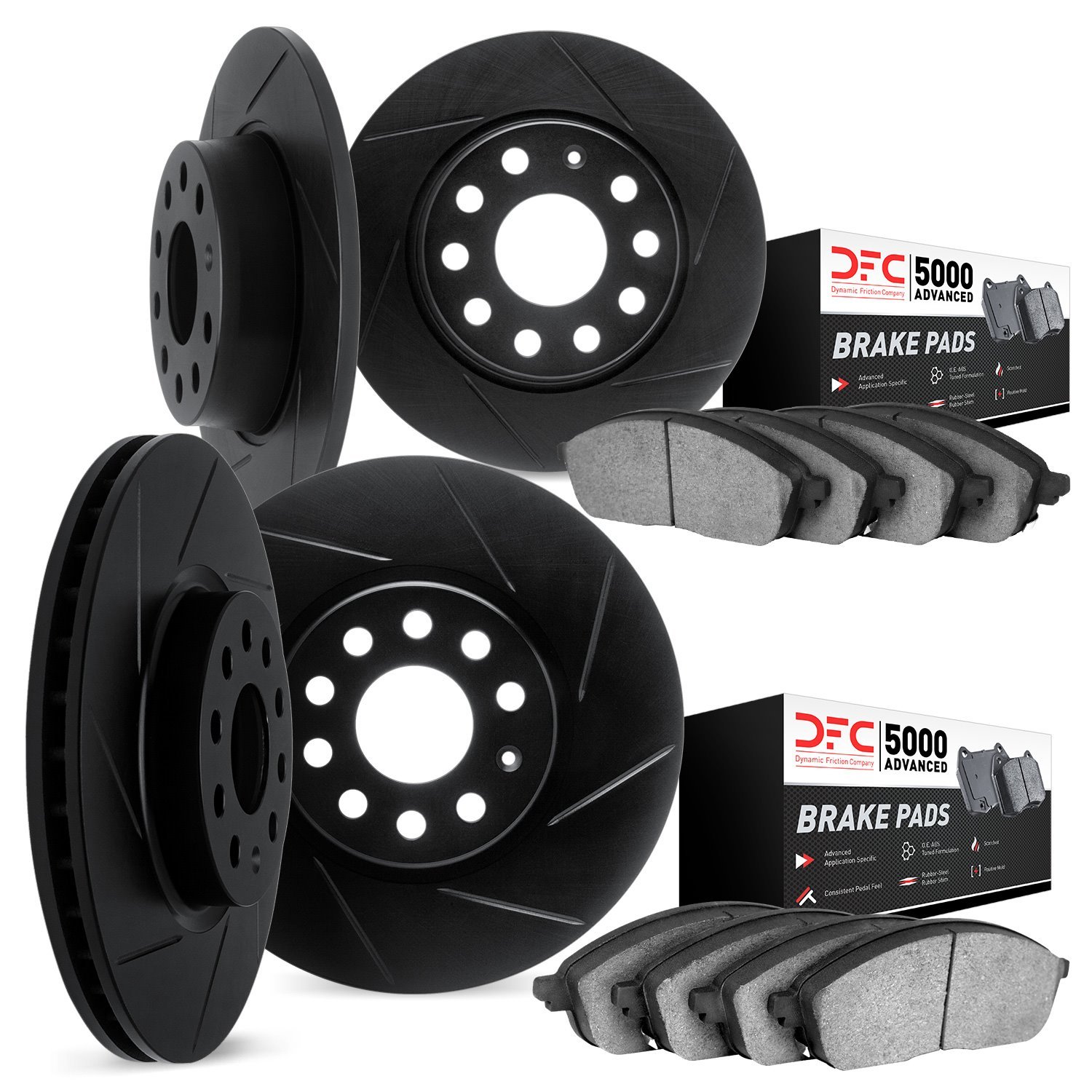 3504-74009 Slotted Brake Rotors w/5000 Advanced Brake Pads Kit [Black], 2015-2021 Multiple Makes/Models, Position: Front and Rea