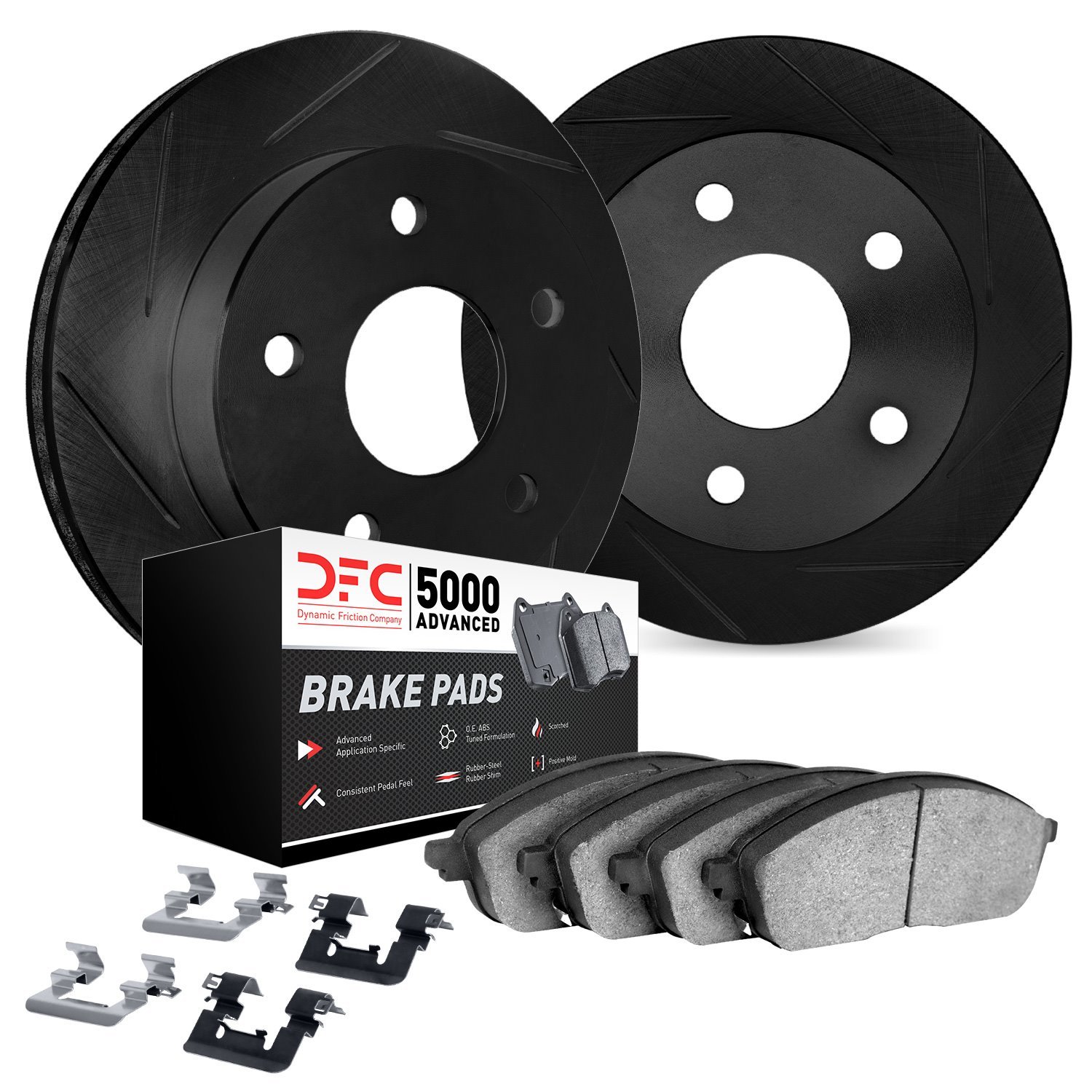 3512-01017 Slotted Brake Rotors w/5000 Advanced Brake Pads Kit & Hardware [Black], 2004-2006 Suzuki, Position: Front