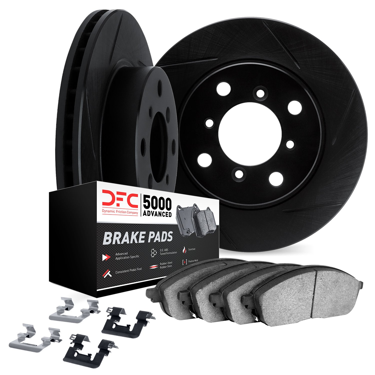 3512-13004 Slotted Brake Rotors w/5000 Advanced Brake Pads Kit & Hardware [Black], 1983-1989 Subaru, Position: Front