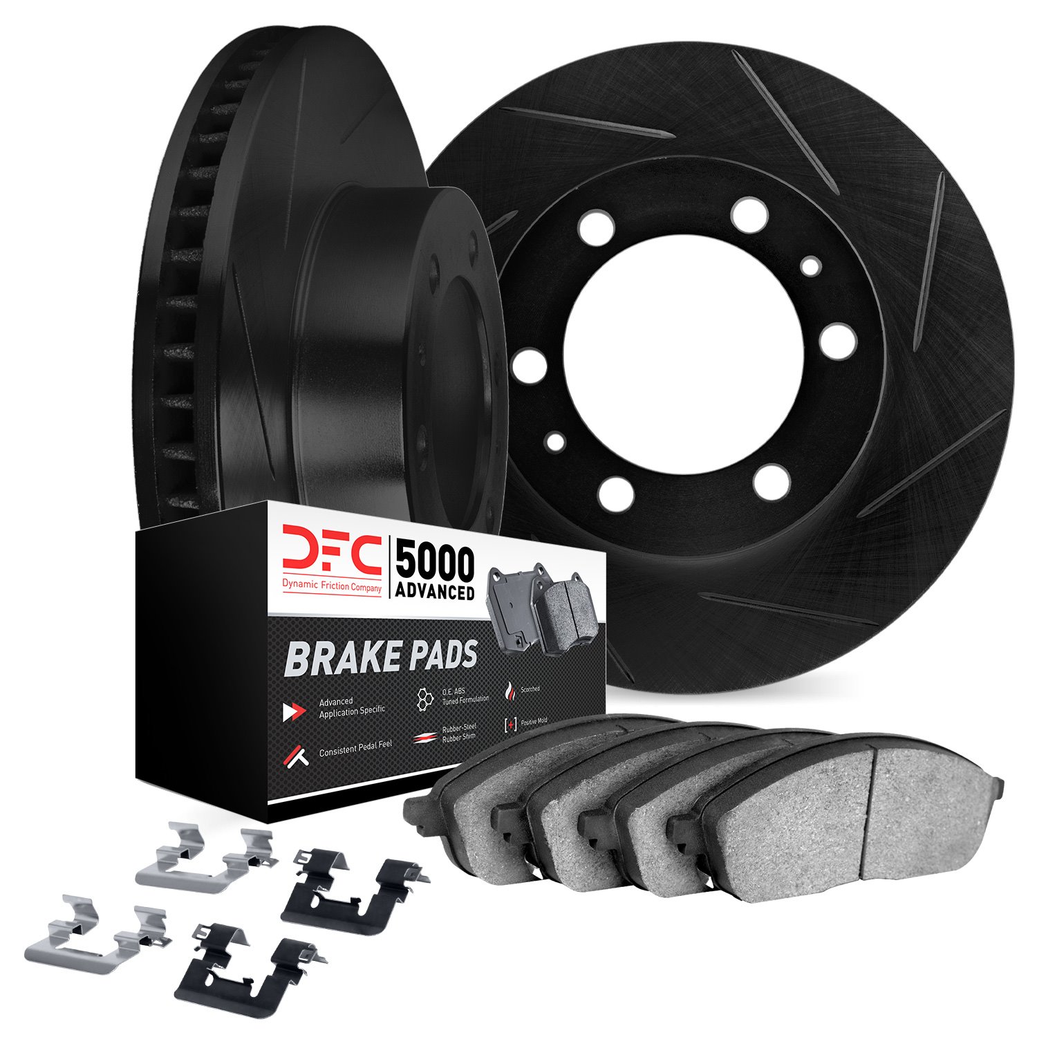 3512-37013 Slotted Brake Rotors w/5000 Advanced Brake Pads Kit & Hardware [Black], 2001-2001 GM, Position: Front