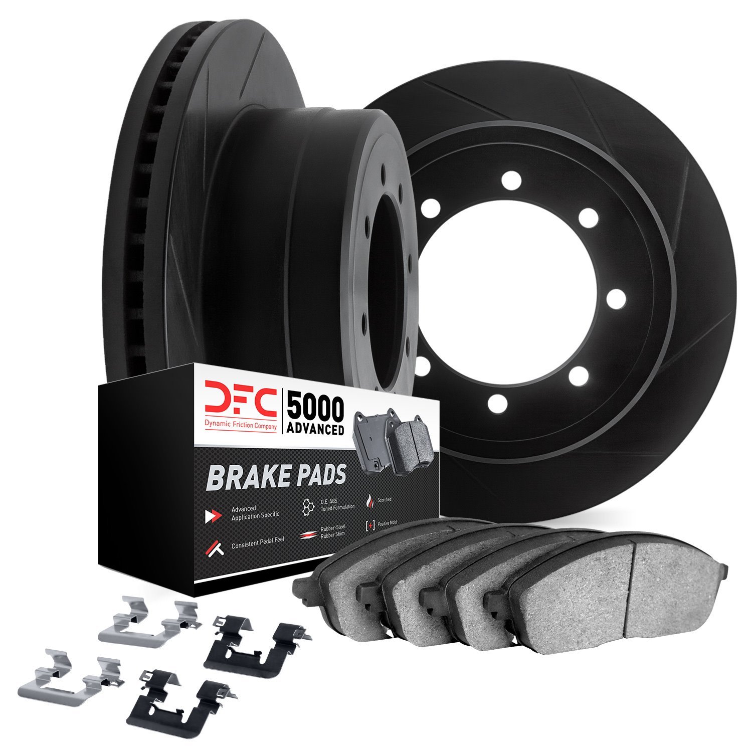 3512-40088 Slotted Brake Rotors w/5000 Advanced Brake Pads Kit & Hardware [Black], 2003-2008 Mopar, Position: Front