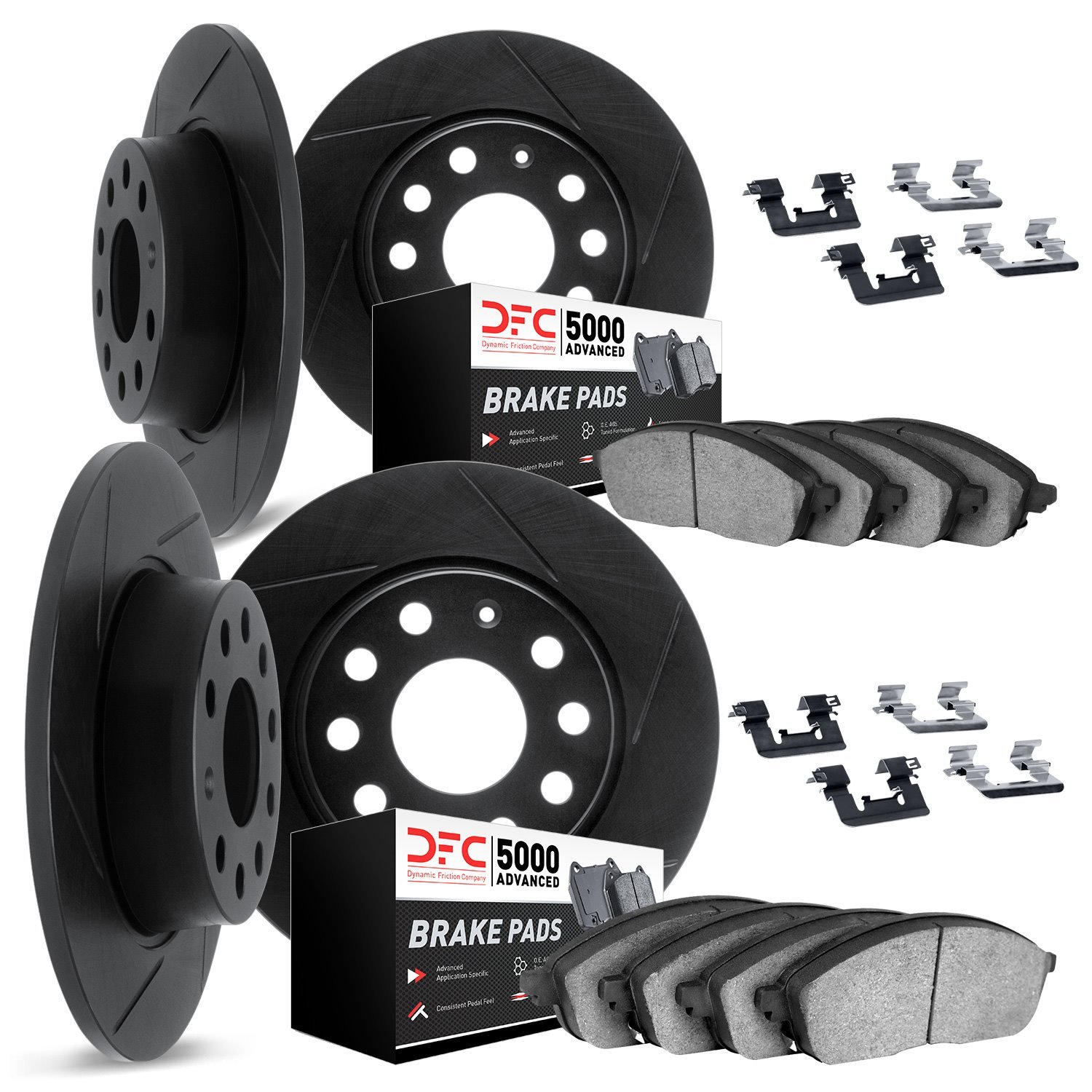 3514-11001 Slotted Brake Rotors w/5000 Advanced Brake Pads Kit & Hardware [Black], 1987-1989 Land Rover, Position: Front and Rea