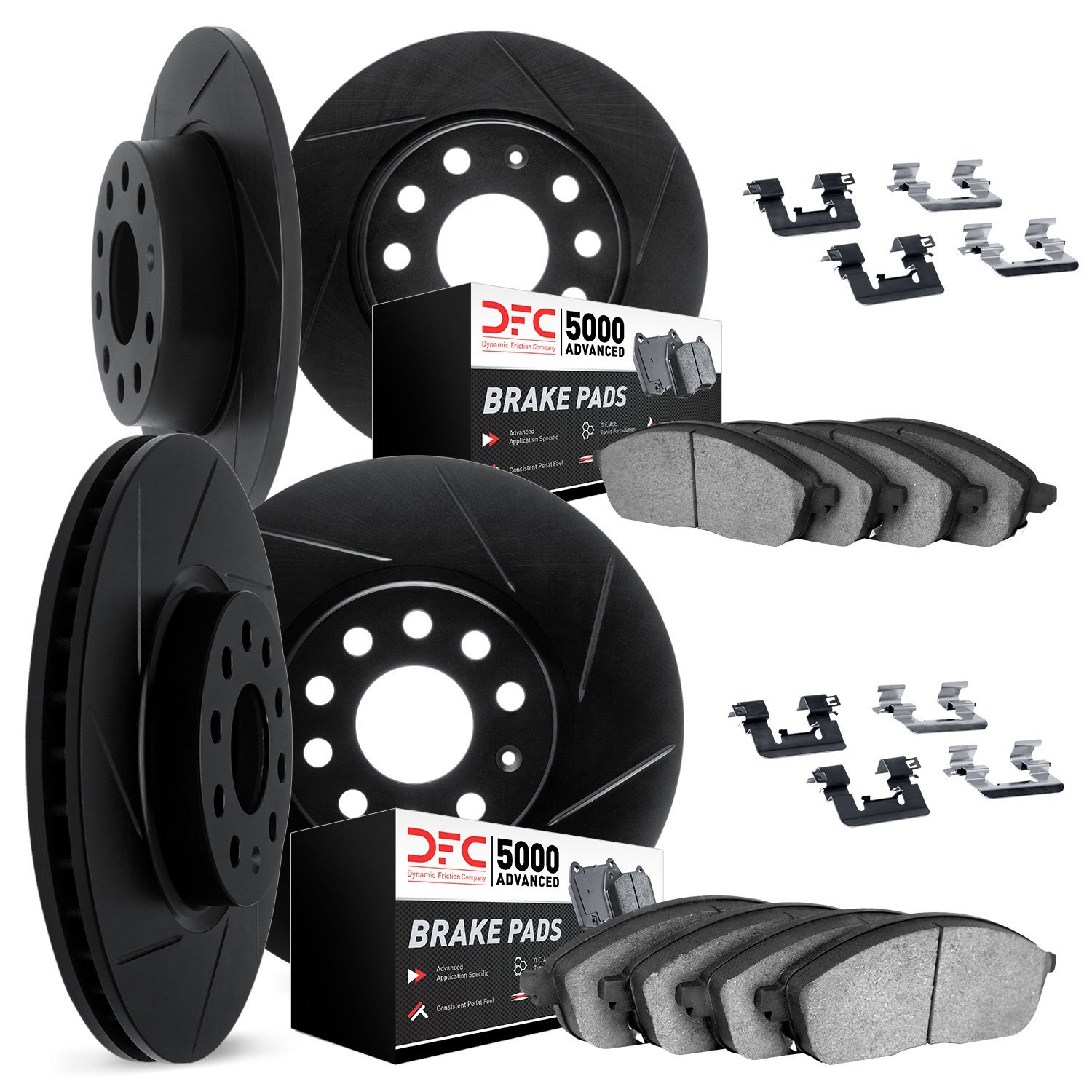 3514-11003 Slotted Brake Rotors w/5000 Advanced Brake Pads Kit & Hardware [Black], 1990-1995 Land Rover, Position: Front and Rea