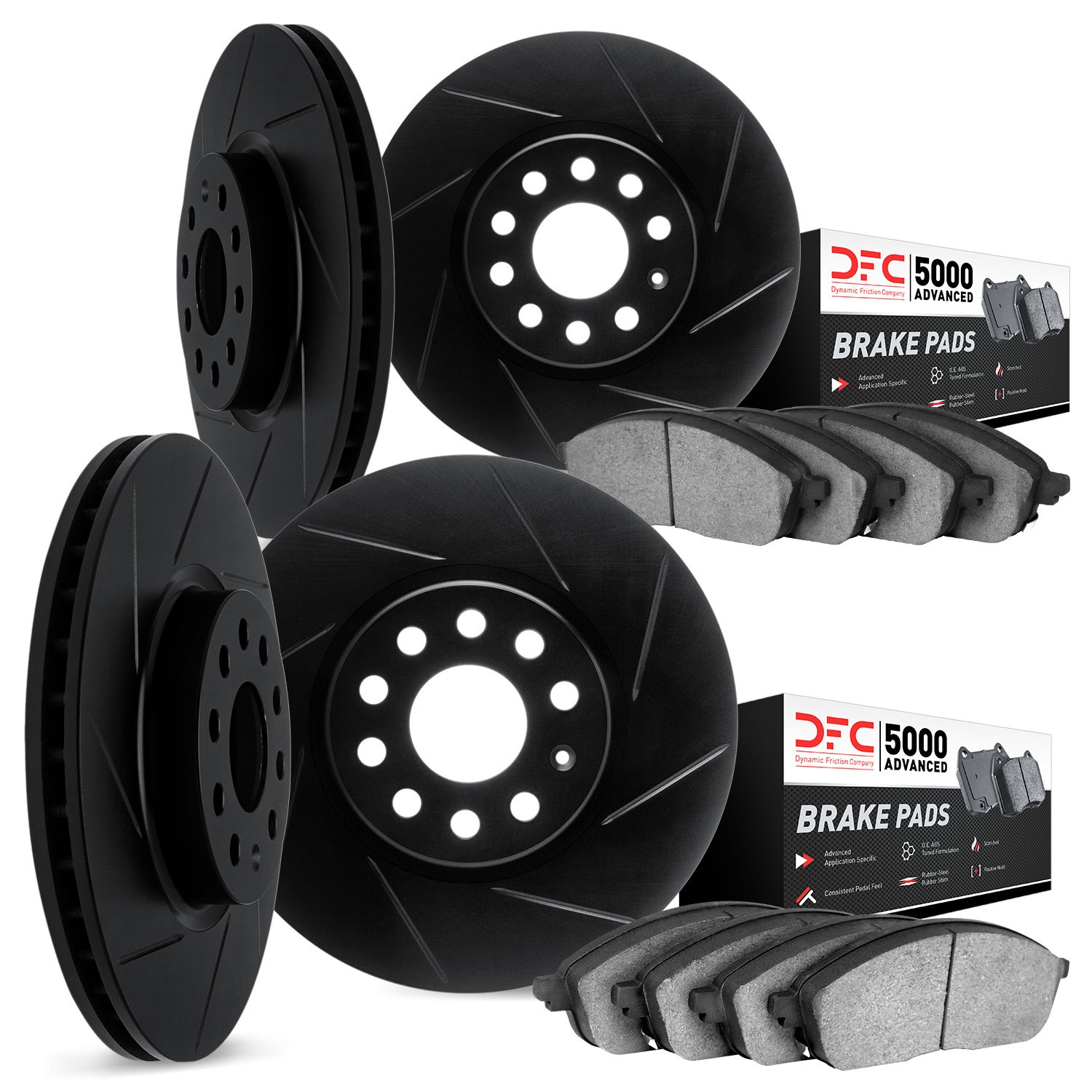 3514-11008 Slotted Brake Rotors w/5000 Advanced Brake Pads Kit & Hardware [Black], 2005-2009 Land Rover, Position: Front and Rea