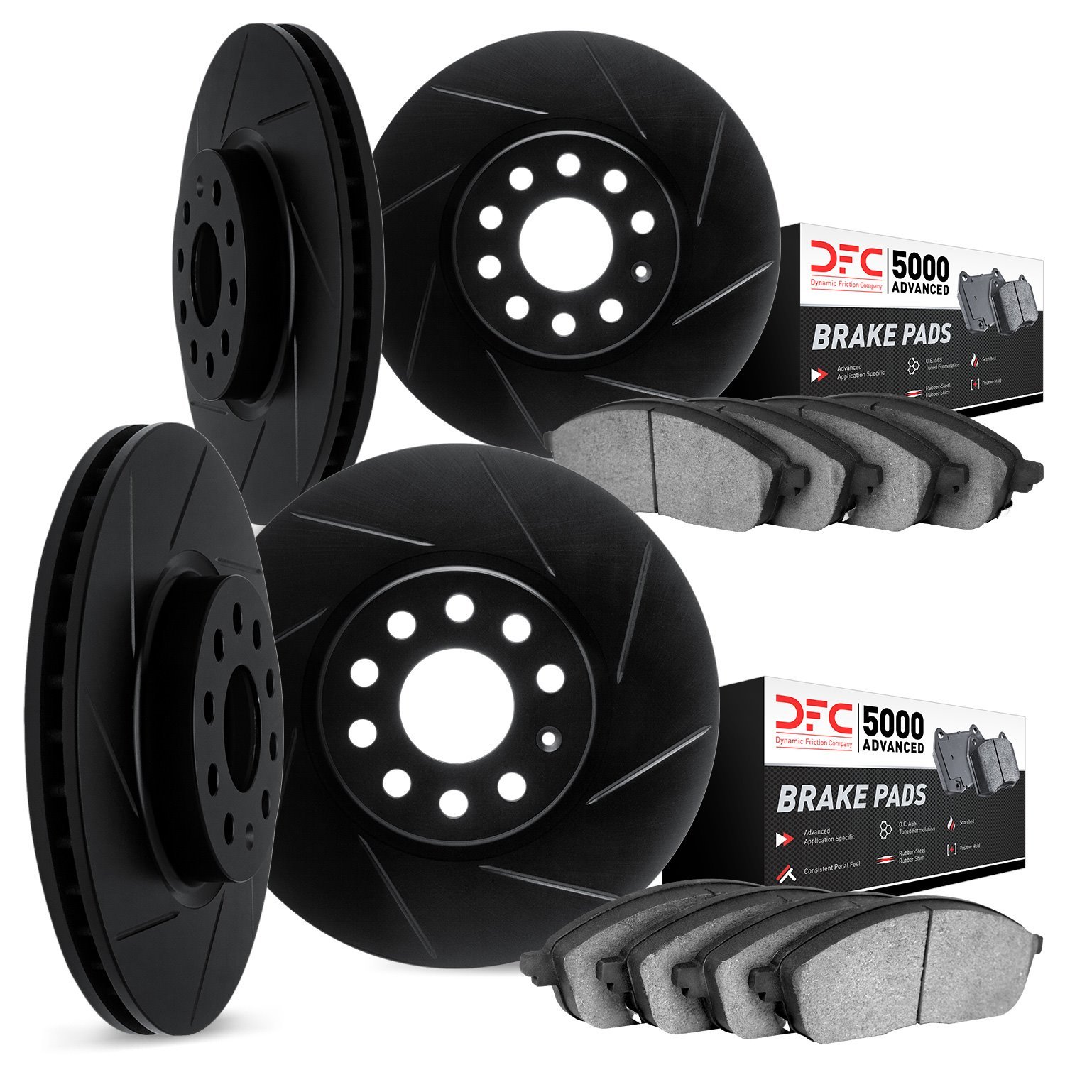 3514-27059 Slotted Brake Rotors w/5000 Advanced Brake Pads Kit & Hardware [Black], 2003-2009 Volvo, Position: Front and Rear