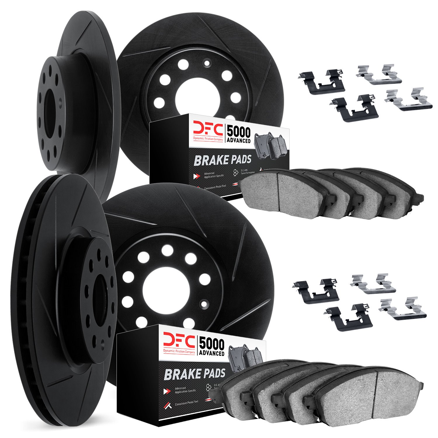 3514-31040 Slotted Brake Rotors w/5000 Advanced Brake Pads Kit & Hardware [Black], 2000-2006 BMW, Position: Front and Rear