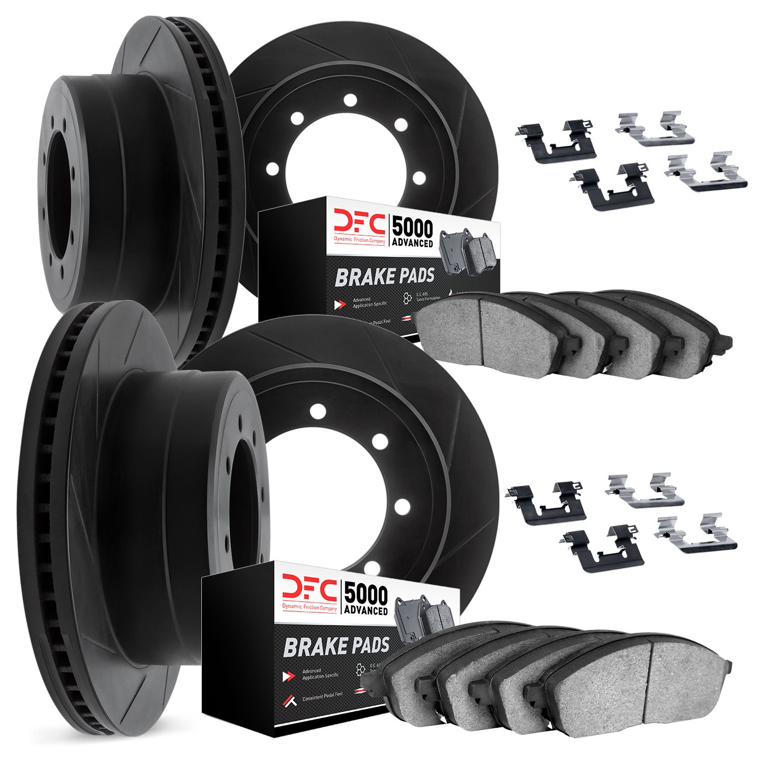 3514-40021 Slotted Brake Rotors w/5000 Advanced Brake Pads Kit & Hardware [Black], 2000-2002 Mopar, Position: Front and Rear