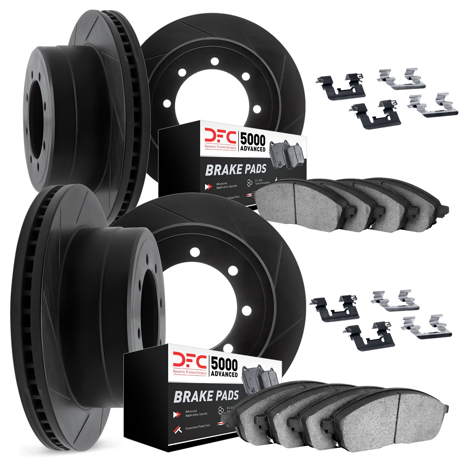 3514-48005 Slotted Brake Rotors w/5000 Advanced Brake Pads Kit & Hardware [Black], 1999-2013 GM, Position: Front and Rear