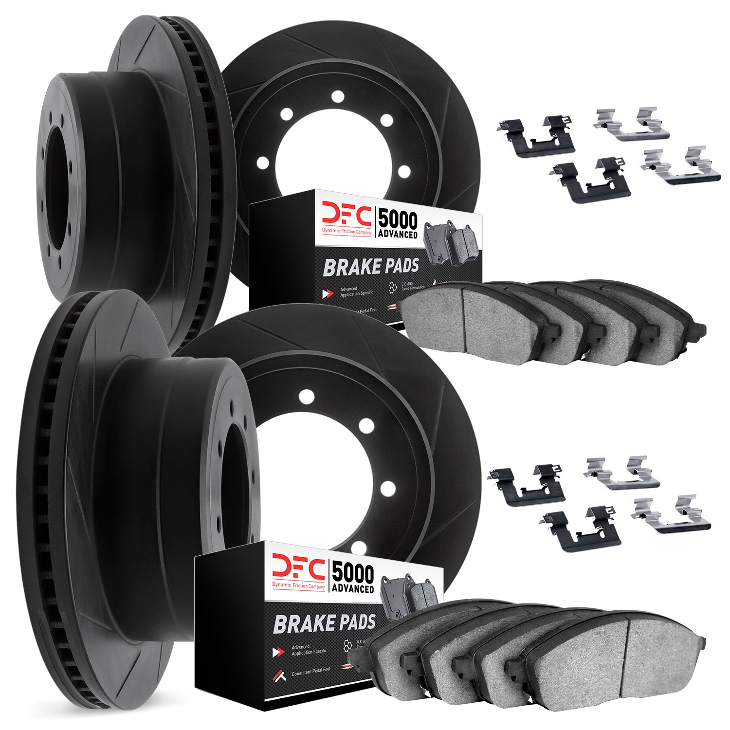 3514-48012 Slotted Brake Rotors w/5000 Advanced Brake Pads Kit & Hardware [Black], 2001-2010 GM, Position: Front and Rear