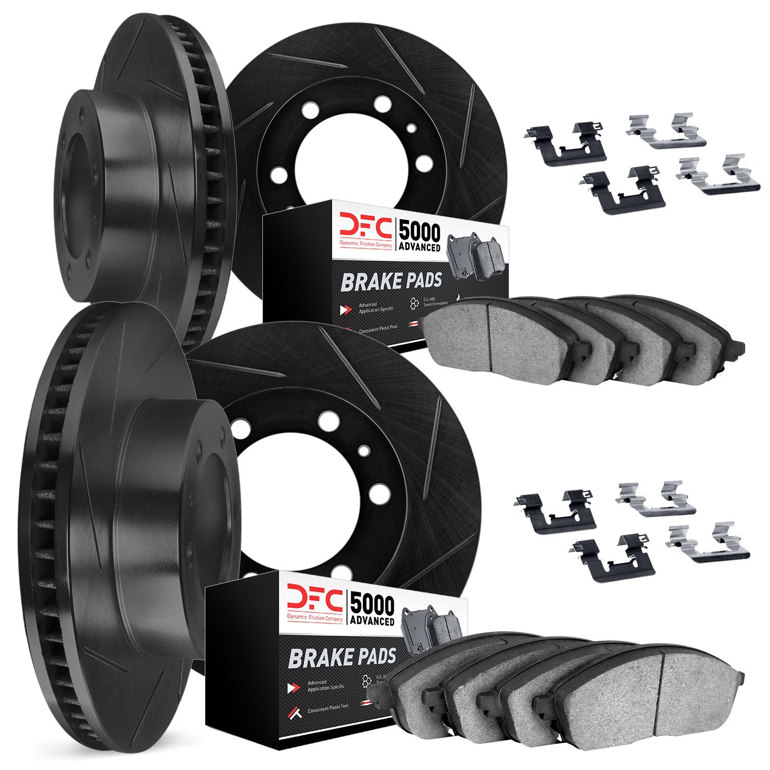 3514-48024 Slotted Brake Rotors w/5000 Advanced Brake Pads Kit & Hardware [Black], 2002-2005 GM, Position: Front and Rear