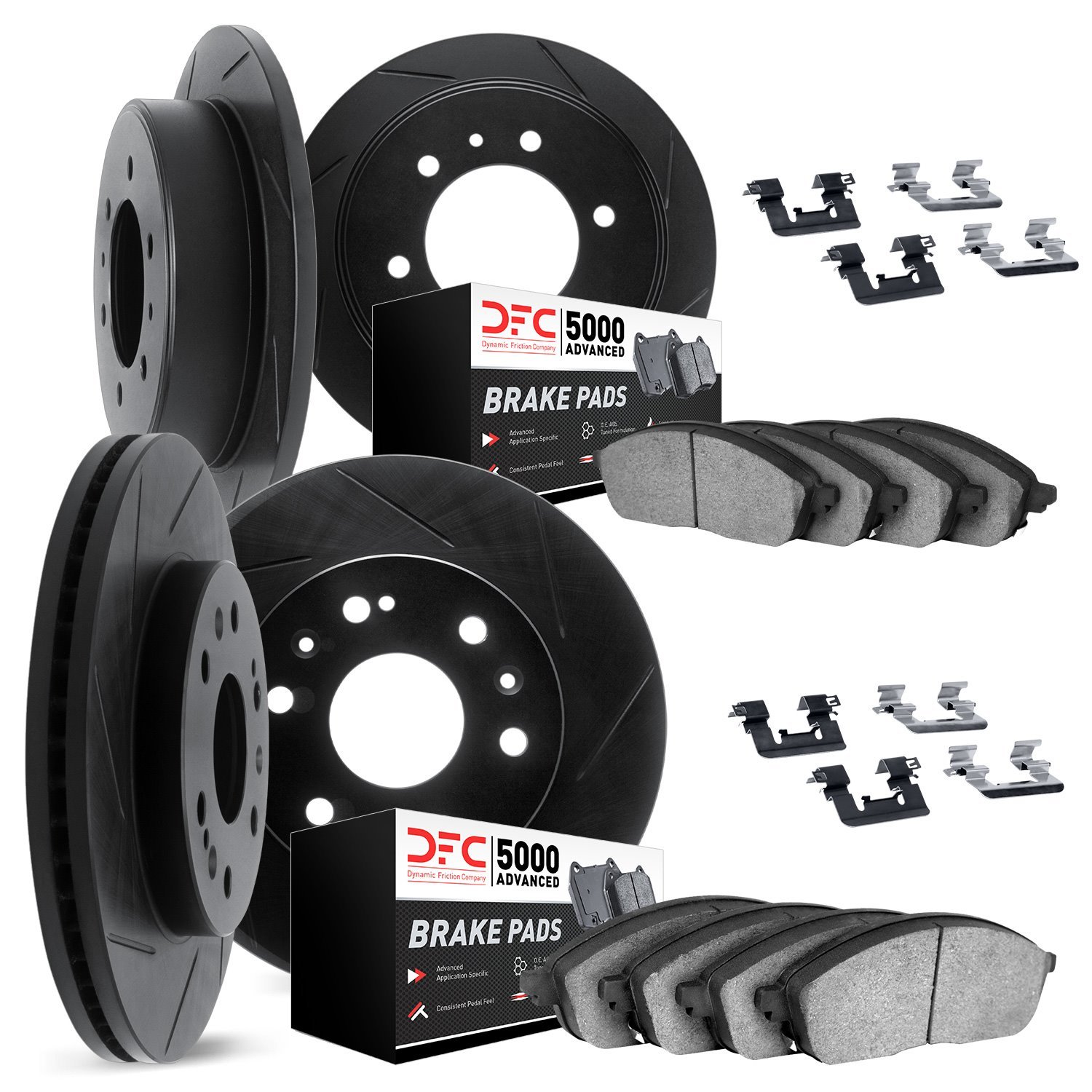 3514-67062 Slotted Brake Rotors w/5000 Advanced Brake Pads Kit & Hardware [Black], 2005-2007 Infiniti/Nissan, Position: Front an