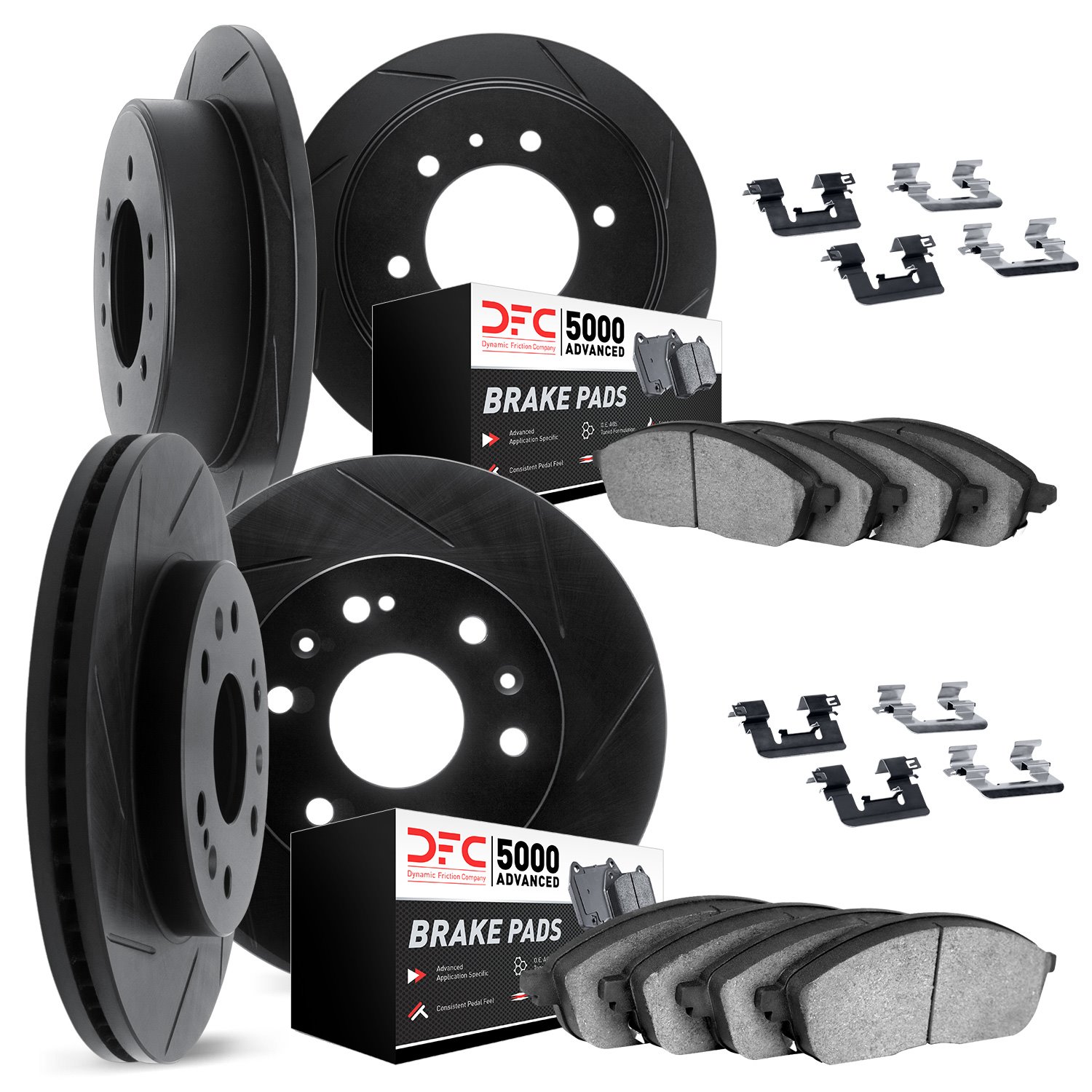3514-93001 Slotted Brake Rotors w/5000 Advanced Brake Pads Kit & Hardware [Black], 2006-2010 GM, Position: Front and Rear