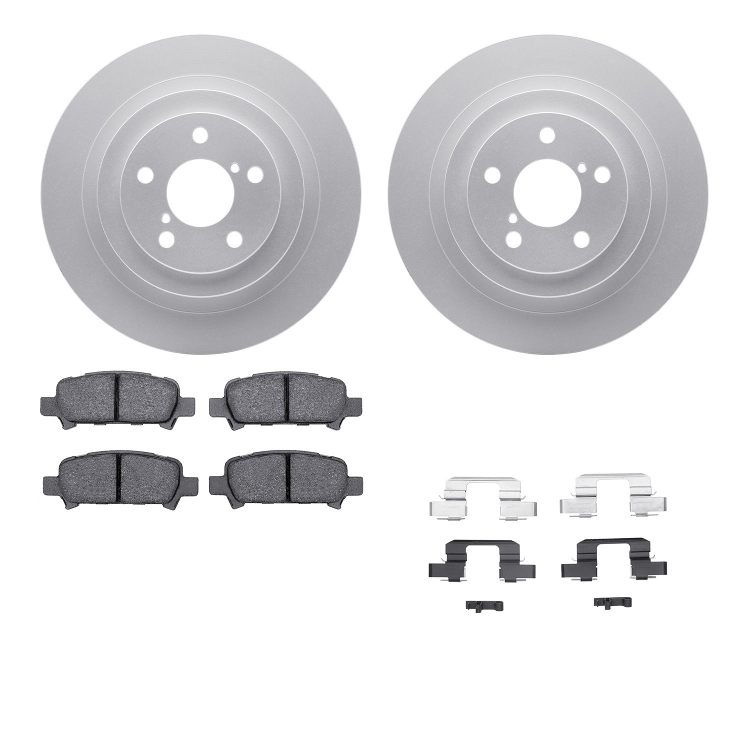 4512-13062 Geospec Brake Rotors w/5000 Advanced Brake Pads Kit & Hardware, 2005-2009 Subaru, Position: Rear
