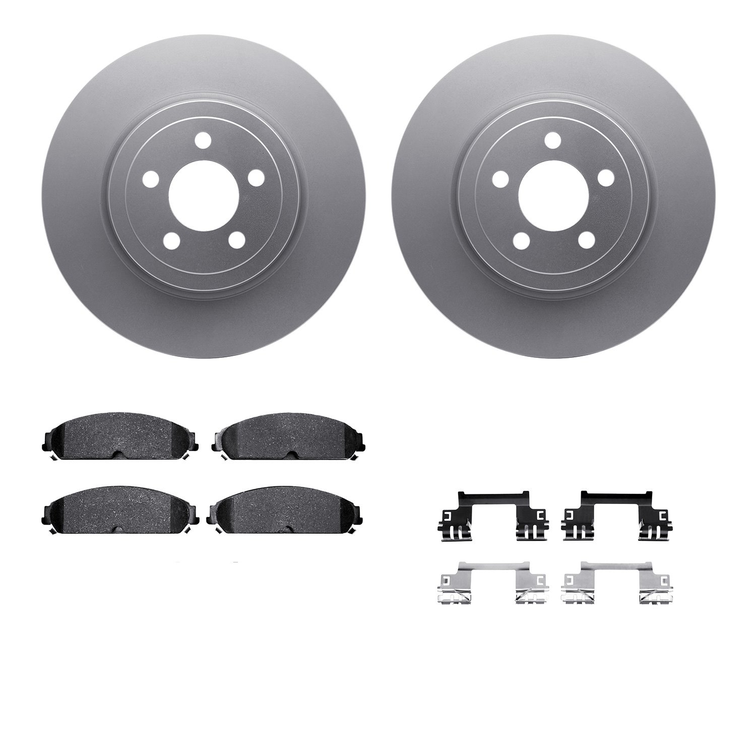 4512-39043 Geospec Brake Rotors w/5000 Advanced Brake Pads Kit & Hardware, 2005-2020 Mopar, Position: Front