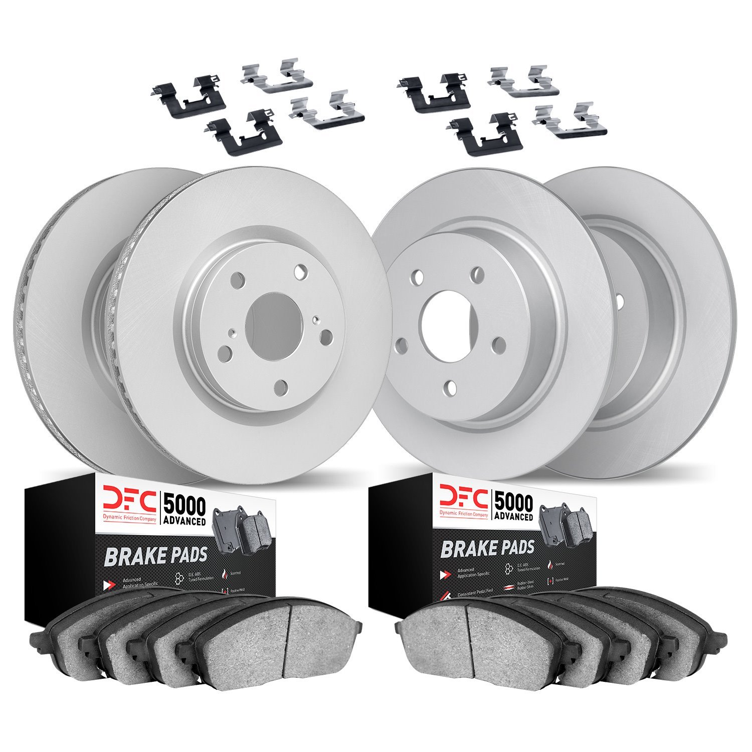 4514-11002 Geospec Brake Rotors w/5000 Advanced Brake Pads Kit & Hardware, 1999-2004 Land Rover, Position: Front and Rear