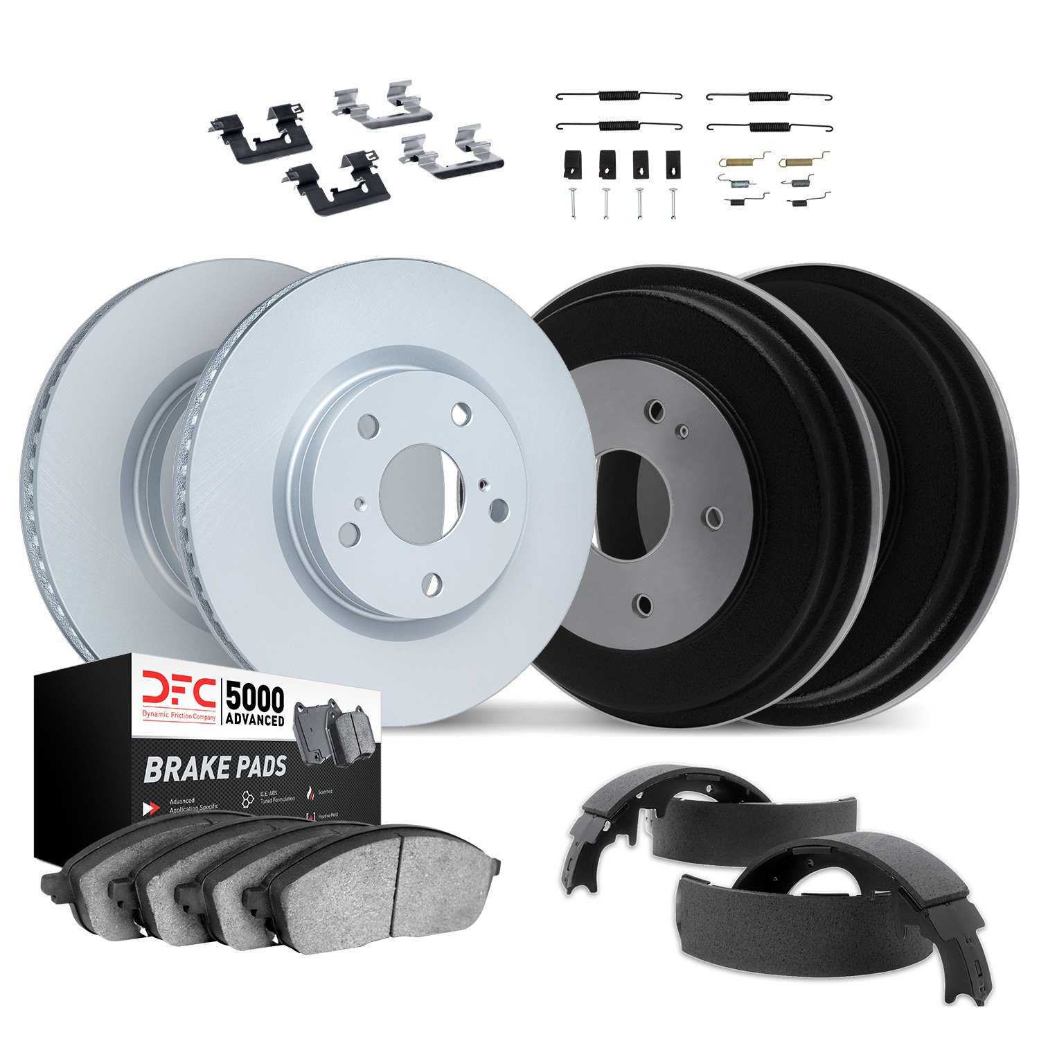 4514-40045 Geospec Brake Rotors w/5000 Advanced Brake Pads/Drums/Shoes & Hardware Kit, 1997-2000 Mopar, Position: Front and Rear