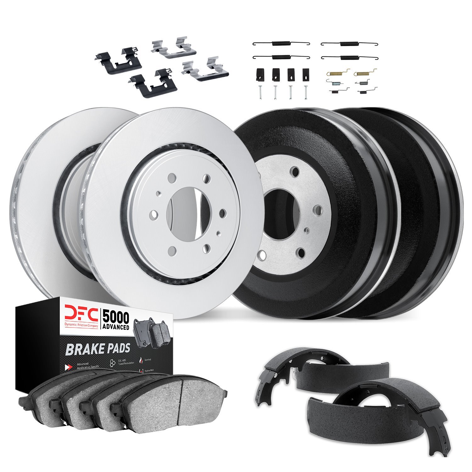 4514-40051 Geospec Brake Rotors w/5000 Advanced Brake Pads/Drums/Shoes & Hardware Kit, 1997-1998 Mopar, Position: Front and Rear