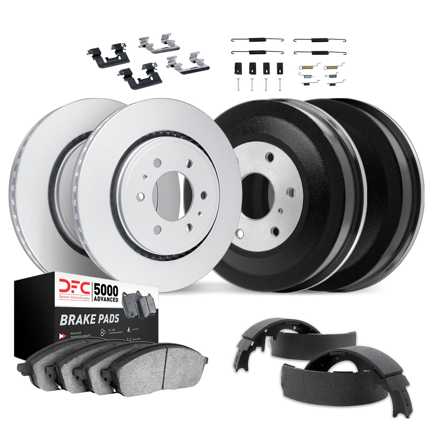 4514-47130 Geospec Brake Rotors w/5000 Advanced Brake Pads/Drums/Shoes & Hardware Kit, 1988-2000 GM, Position: Front and Rear