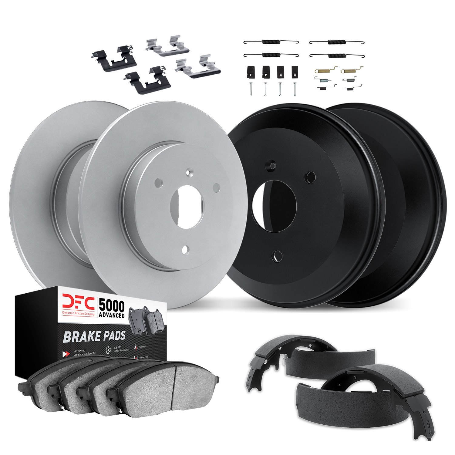 4514-63000 Geospec Brake Rotors w/5000 Advanced Brake Pads/Drums/Shoes & Hardware Kit, 2005-2016 Smart, Position: Front and Rear