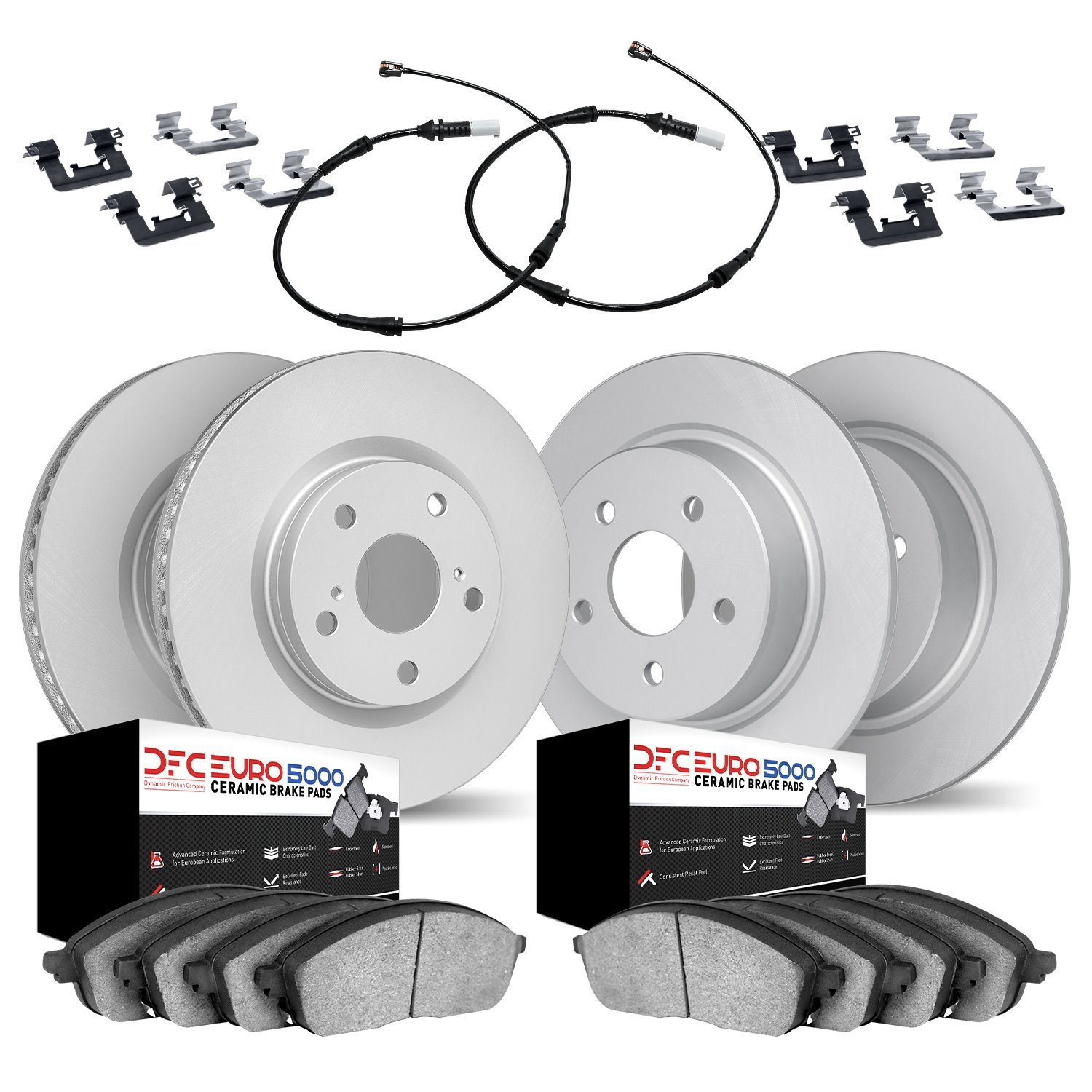 4624-11602 Geospec Brake Rotors w/5000 Euro Ceramic Brake Pads/Sensor & Hardware Kit, Fits Select Mini, Position: Front and Rear