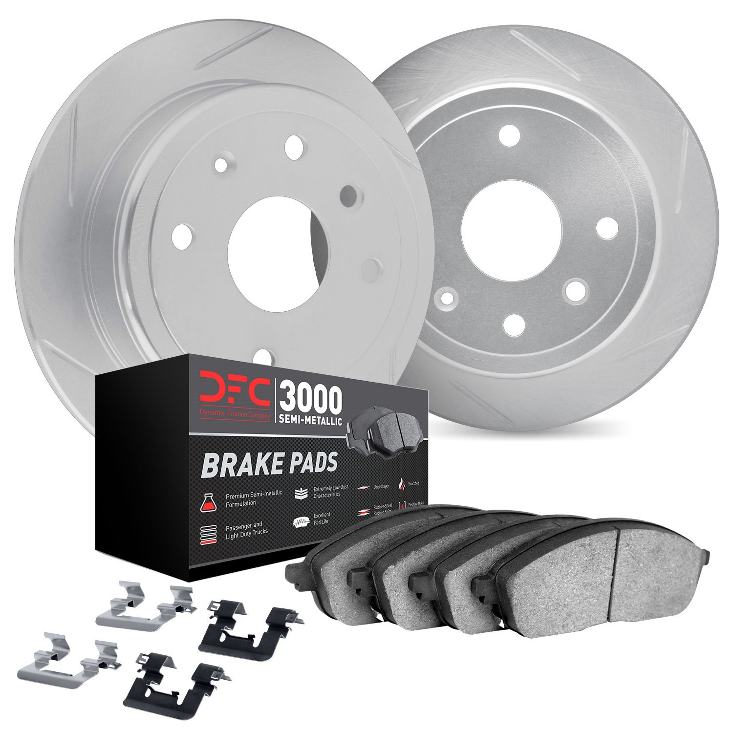 5112-11018 Slotted Brake Rotors with 3000-Series Semi-Metallic Brake Pads Kit & Hardware [Silver], 2012-2015 Land Rover, Positio