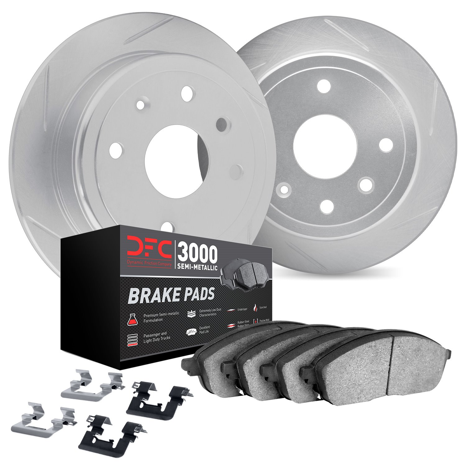 5112-11027 Slotted Brake Rotors with 3000-Series Semi-Metallic Brake Pads Kit & Hardware [Silver], 2015-2020 Multiple Makes/Mode