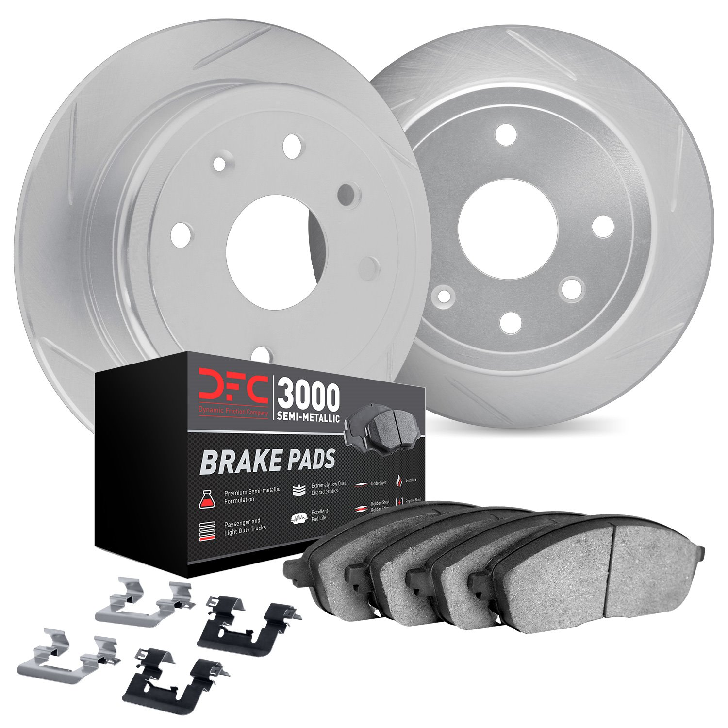 5112-13025 Slotted Brake Rotors with 3000-Series Semi-Metallic Brake Pads Kit & Hardware [Silver], 2000-2006 Subaru, Position: R