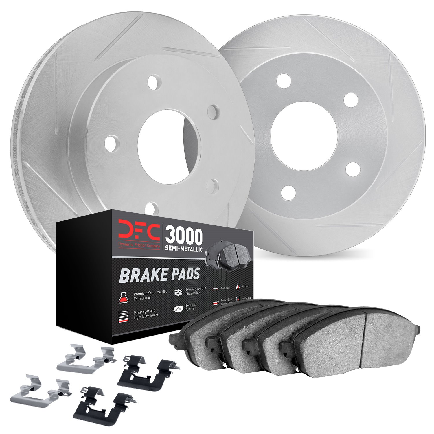 5112-13029 Slotted Brake Rotors with 3000-Series Semi-Metallic Brake Pads Kit & Hardware [Silver], 2004-2012 Subaru, Position: F