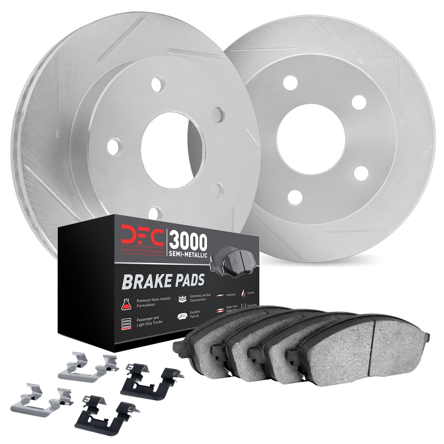 5112-27075 Slotted Brake Rotors with 3000-Series Semi-Metallic Brake Pads Kit & Hardware [Silver], Fits Select Volvo, Position: