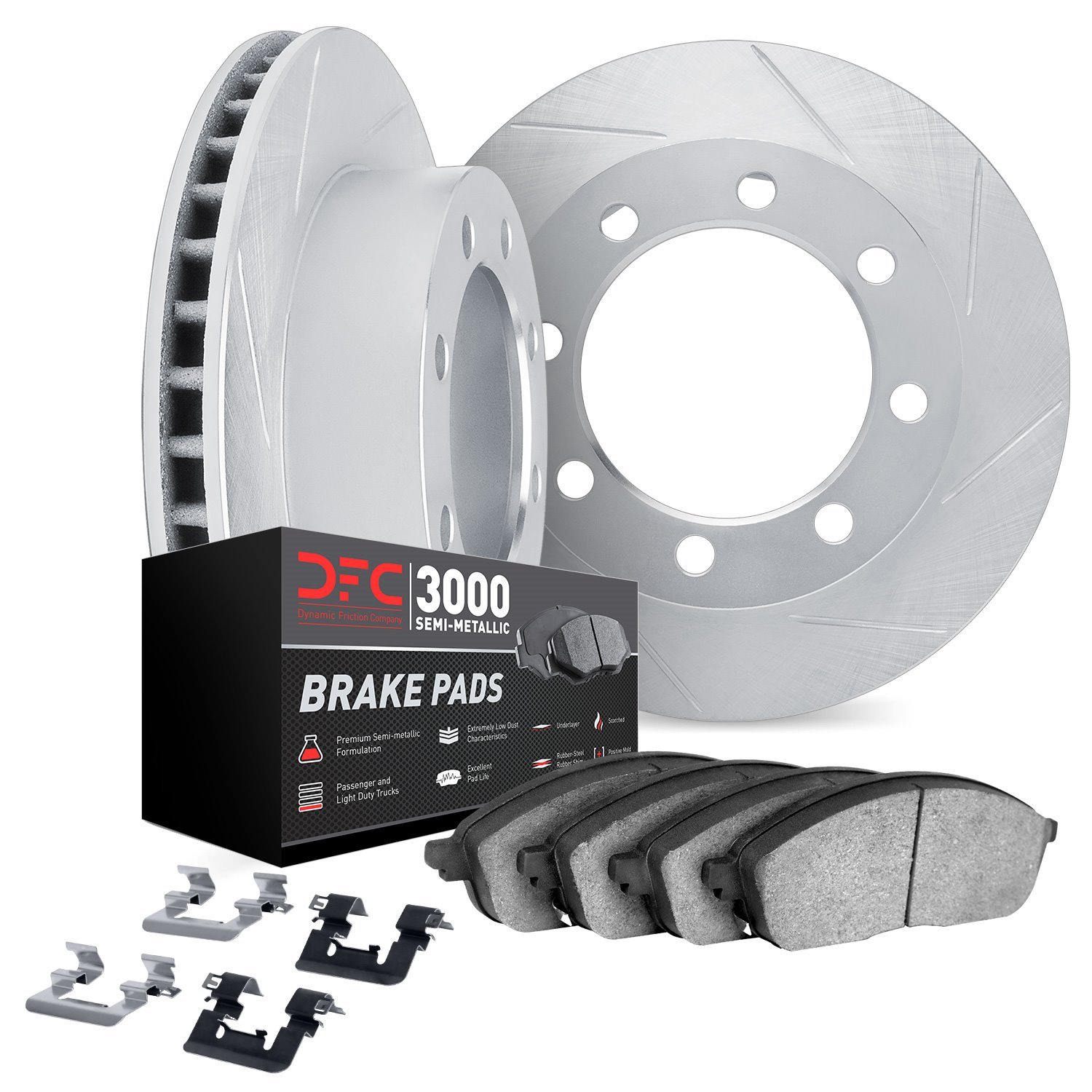 5112-40009 Slotted Brake Rotors with 3000-Series Semi-Metallic Brake Pads Kit & Hardware [Silver], 1980-1993 Mopar, Position: Fr