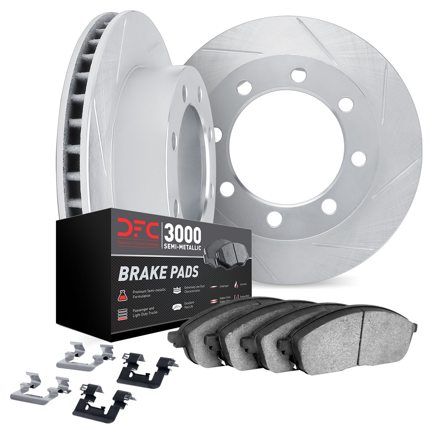 5112-40068 Slotted Brake Rotors with 3000-Series Semi-Metallic Brake Pads Kit & Hardware [Silver], 2000-2002 Mopar, Position: Re
