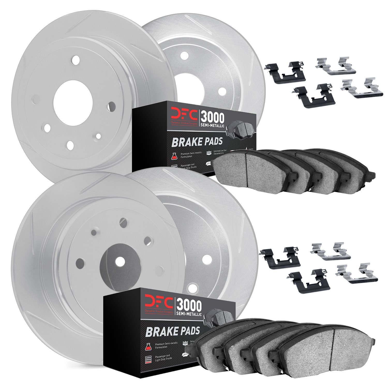 5114-11001 Slotted Brake Rotors with 3000-Series Semi-Metallic Brake Pads Kit & Hardware [Silver], 1987-1989 Land Rover, Positio