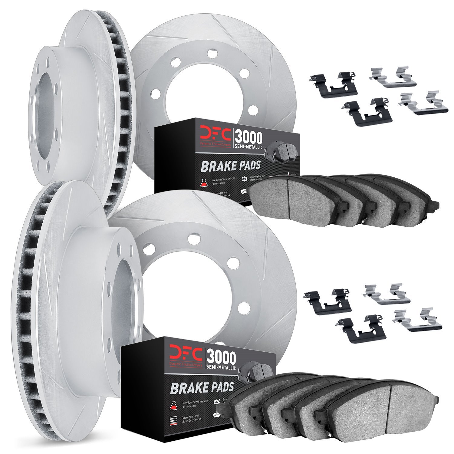 5114-40021 Slotted Brake Rotors with 3000-Series Semi-Metallic Brake Pads Kit & Hardware [Silver], 2000-2002 Mopar, Position: Fr