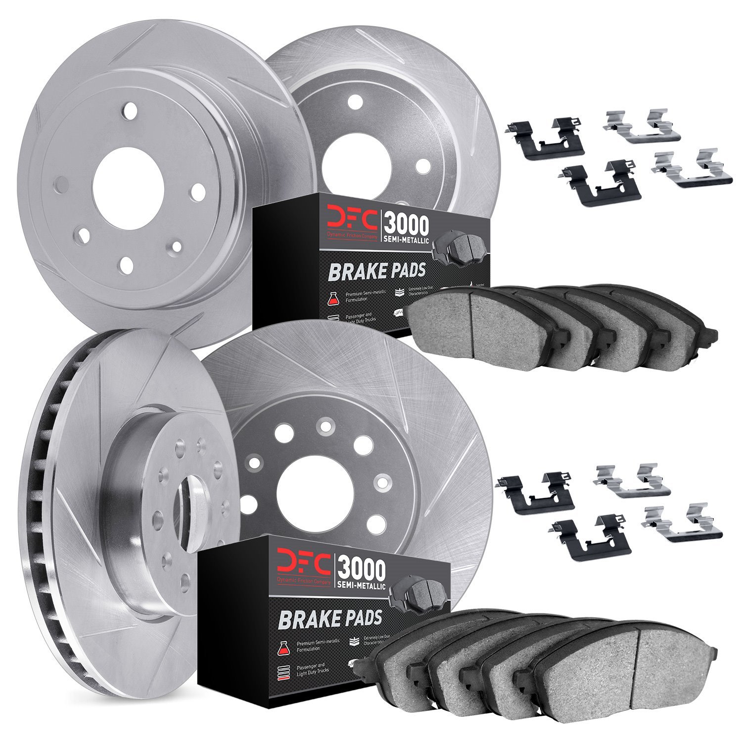 5114-54058 Slotted Brake Rotors with 3000-Series Semi-Metallic Brake Pads Kit & Hardware [Silver], 2002-2005 Ford/Lincoln/Mercur